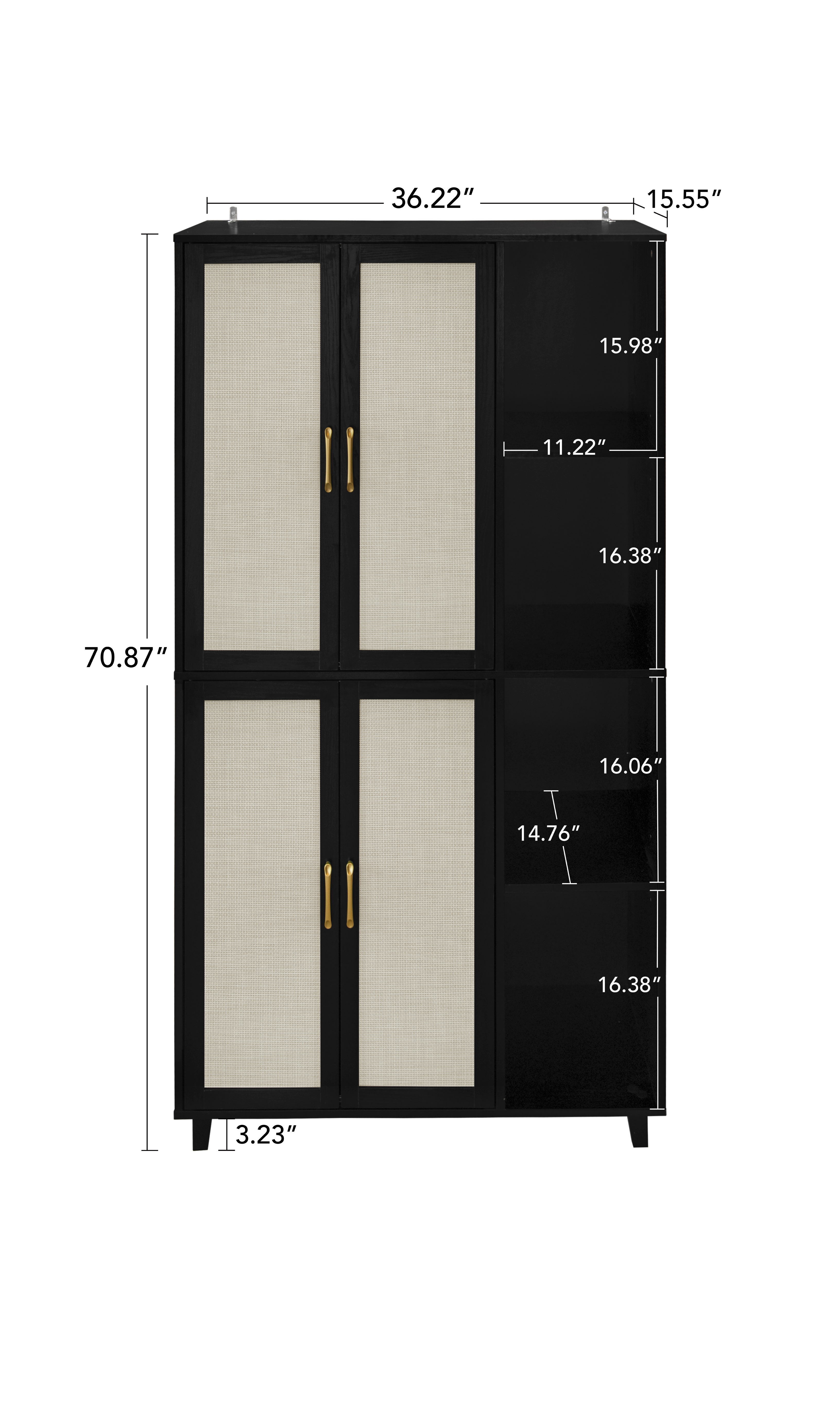4 Door Cabinet with 4 Shelves with 4 Adjustable Inner Shelves, Storage Cabinet,  Black / Natural 