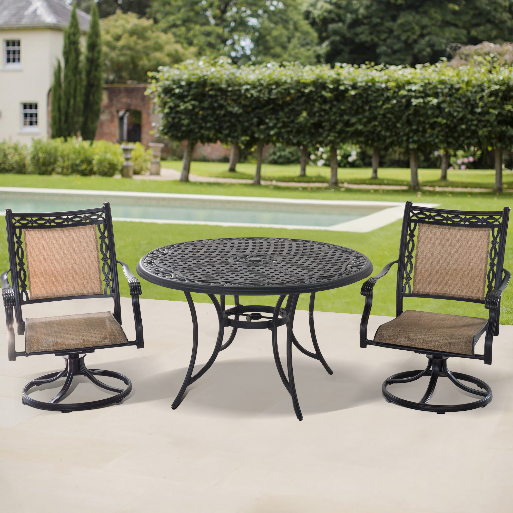 Mondawe 3-Piece Outdoor Patio Teslin Swivel Chair Set with Round Table-Mondawe