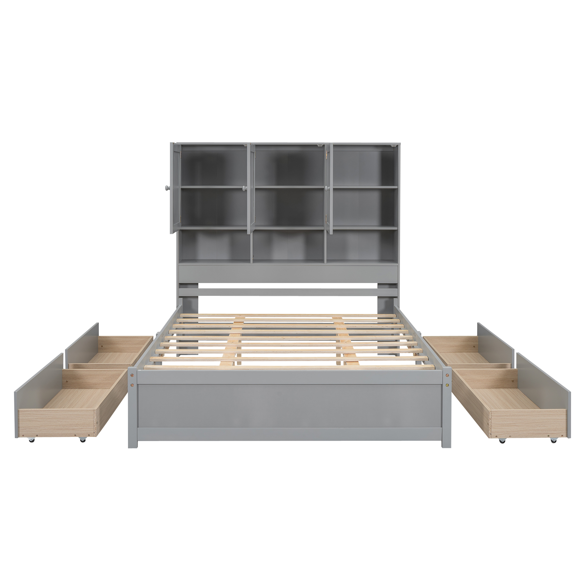 Full/Queen Size Platform Bed with Storage Headboard and 4 Drawers, Gray/White