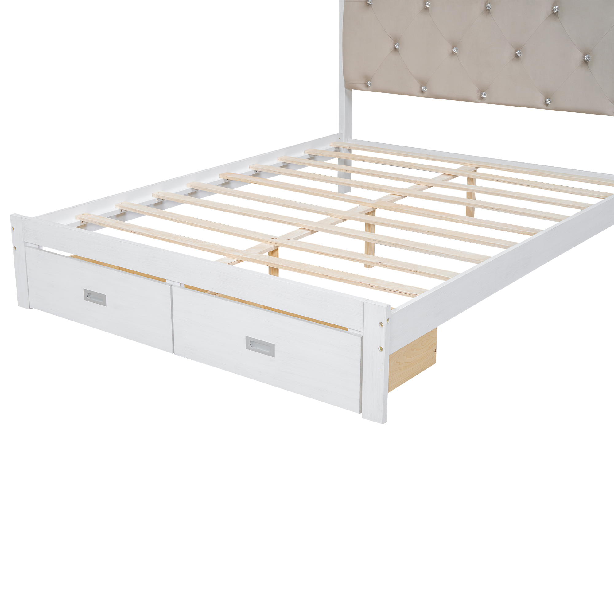 Wood Queen/Full Size Platform Bed with Upholstered Headboard and LED and 2 Drawers, Antique White 