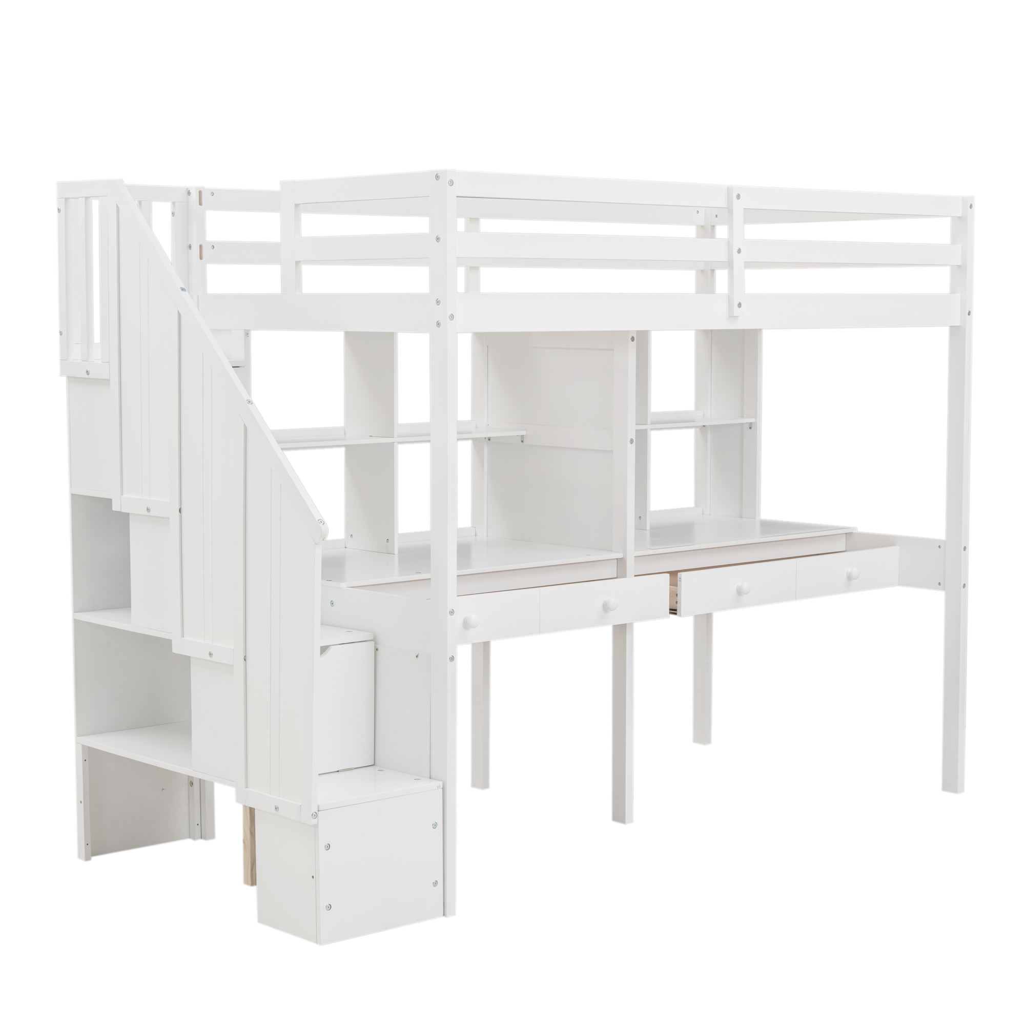 Twin Size Loft Bed Frame with Storage Staircase and Double Desks and Shelves,Gray/White
