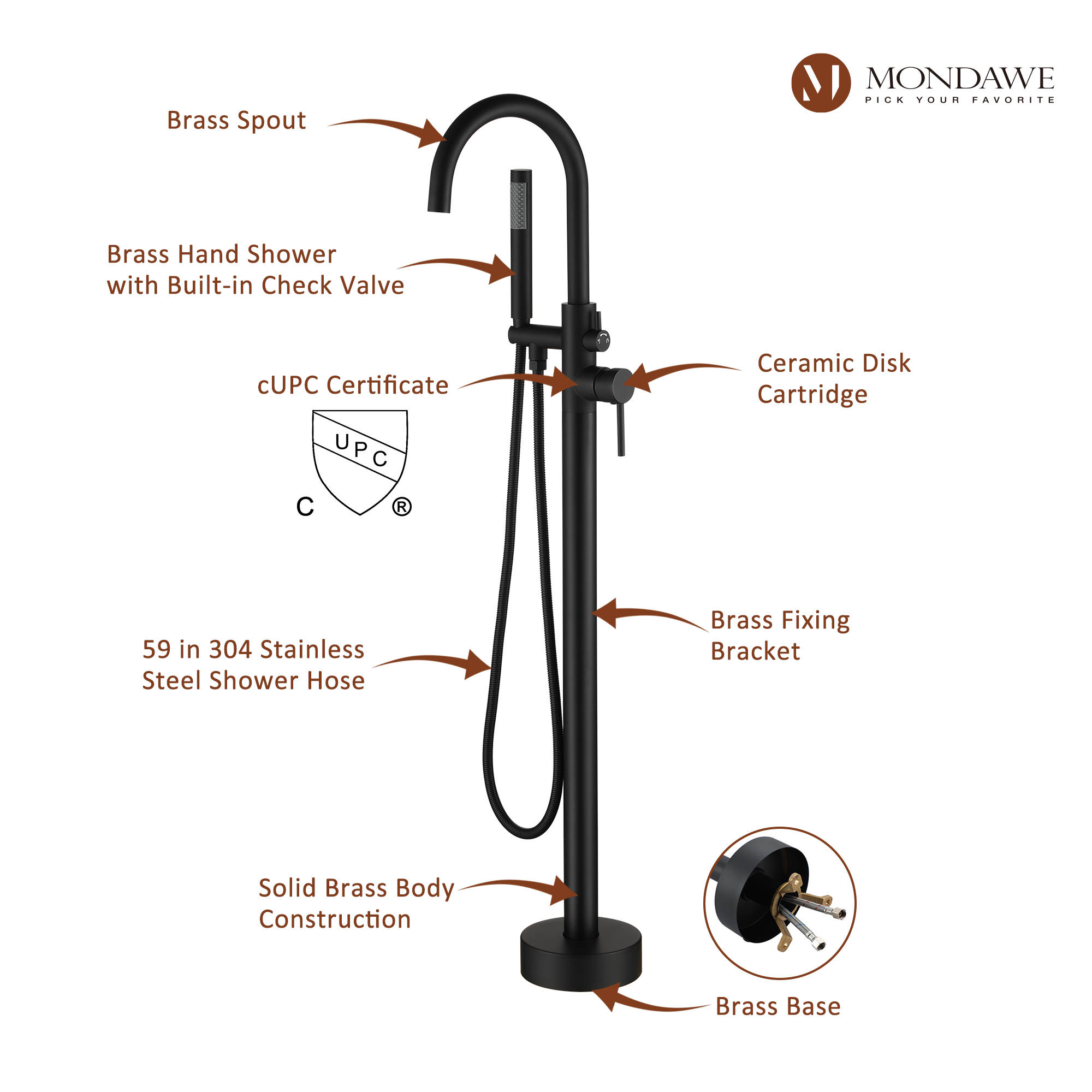 Mondawe Freestanding Shower Head For Matte Black Bathtub Faucet With Solid Brass Body-Mondawe