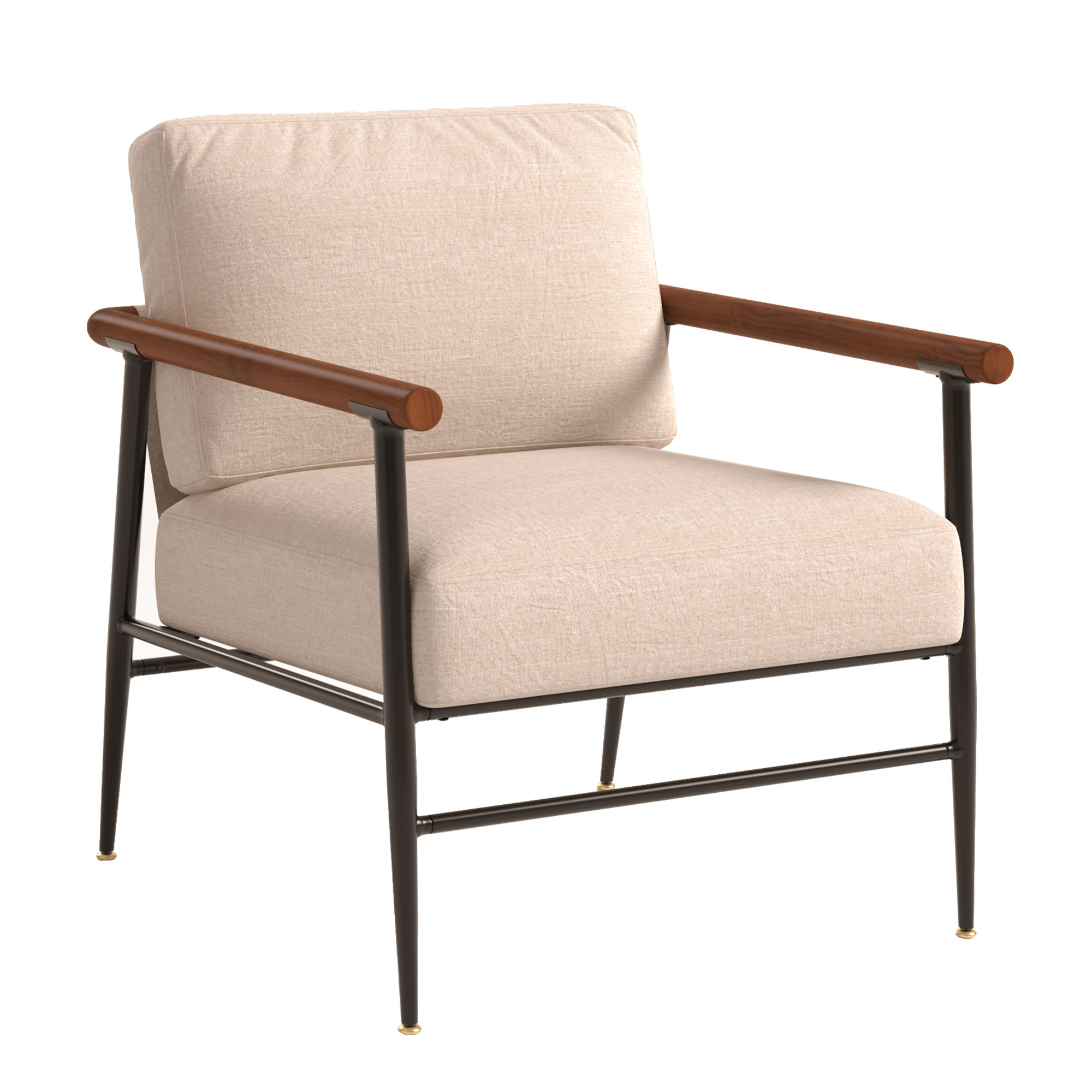 Modern Accent Chair, Wood Armrests and Black Metal Frame, Comfy Lounge Chair with Beige Seat Cushion&Backrest
