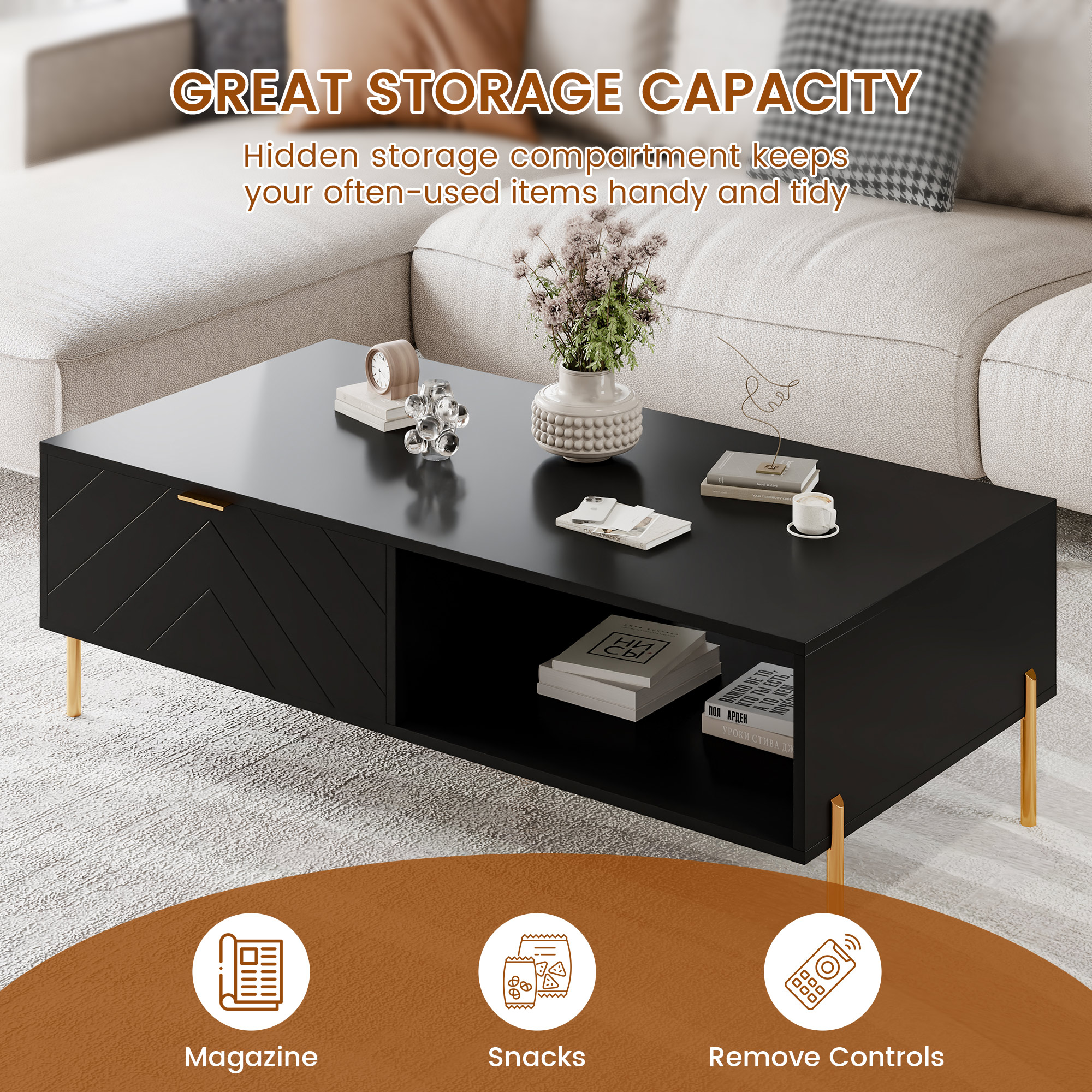 Mid-Century Modern Coffee Table, 48" Rectangle Coffee Table with Double Drawers, Gold Metal Decor, Center Table for Living Room,White