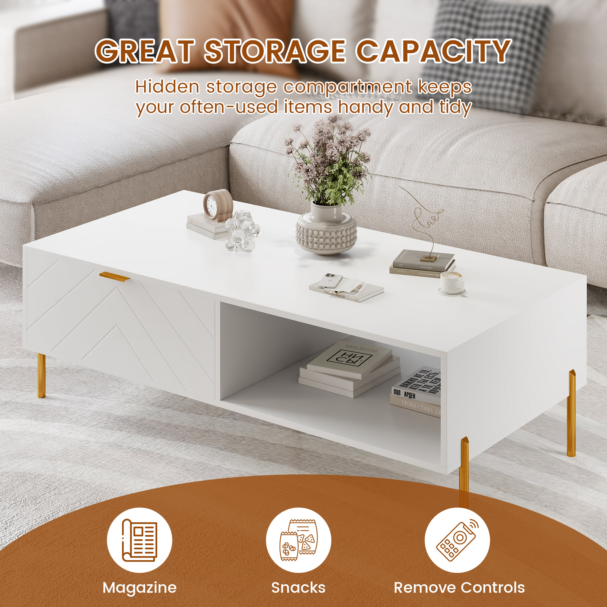 Mid-Century Modern Coffee Table, 48" Rectangle Coffee Table with Double Drawers, Gold Metal Decor, Center Table for Living Room,White