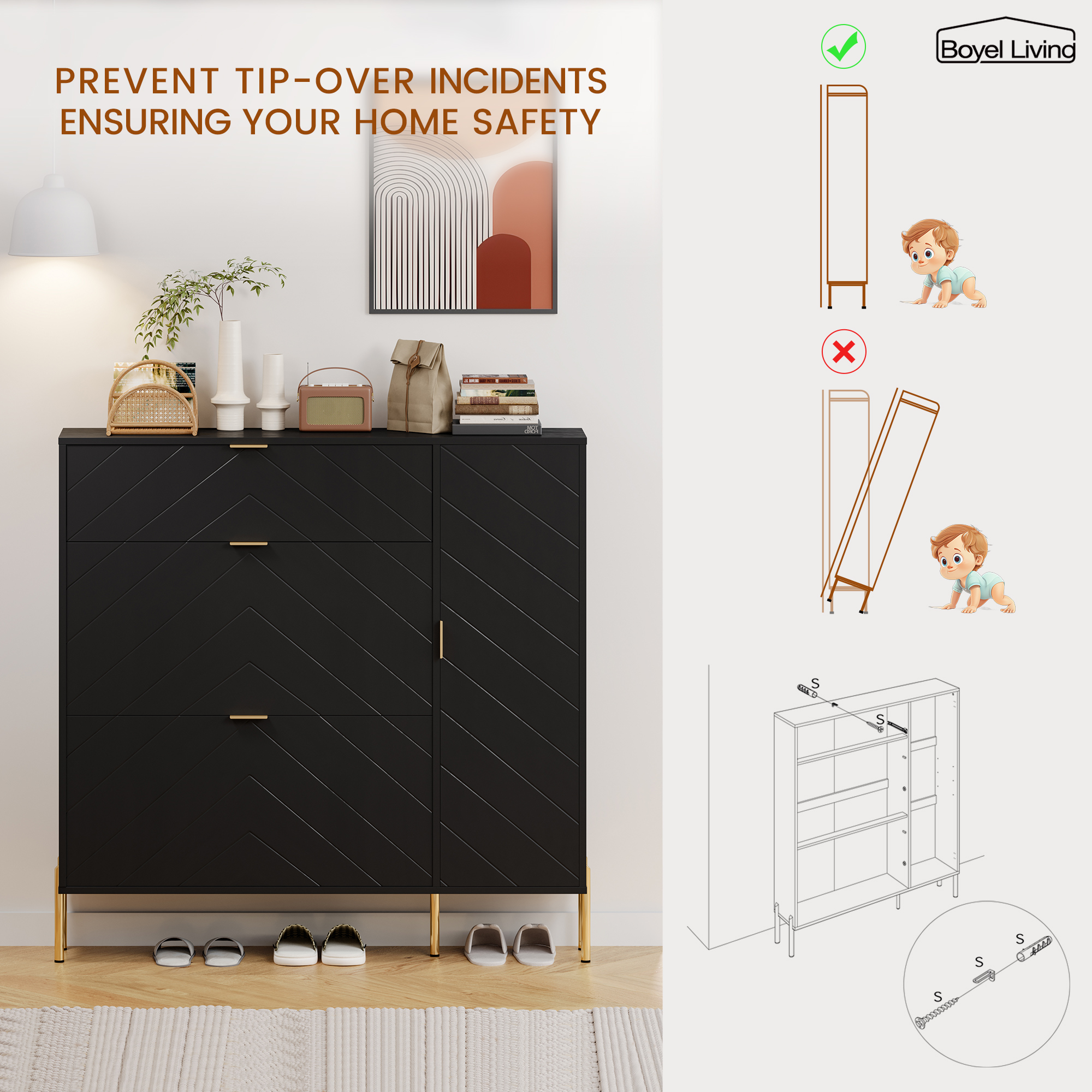 49.21 in. H x 9.45 in. W x 43.31 in. L White Wood Shoe Storage Cabinet with Flip-Up Drawers, Adjustable Shelf