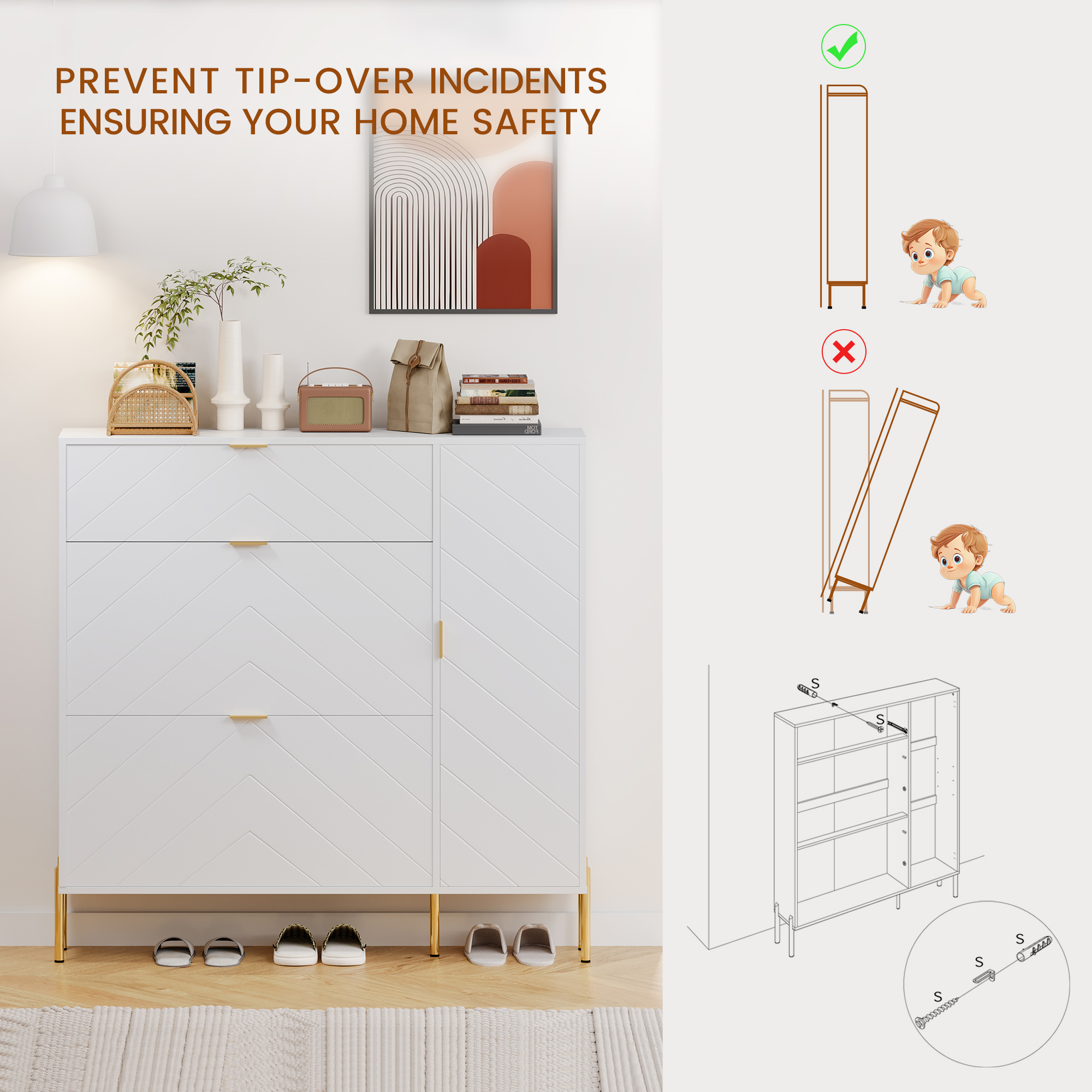 49.21 in. H x 9.45 in. W x 43.31 in. L White Wood Shoe Storage Cabinet with Flip-Up Drawers, Adjustable Shelf