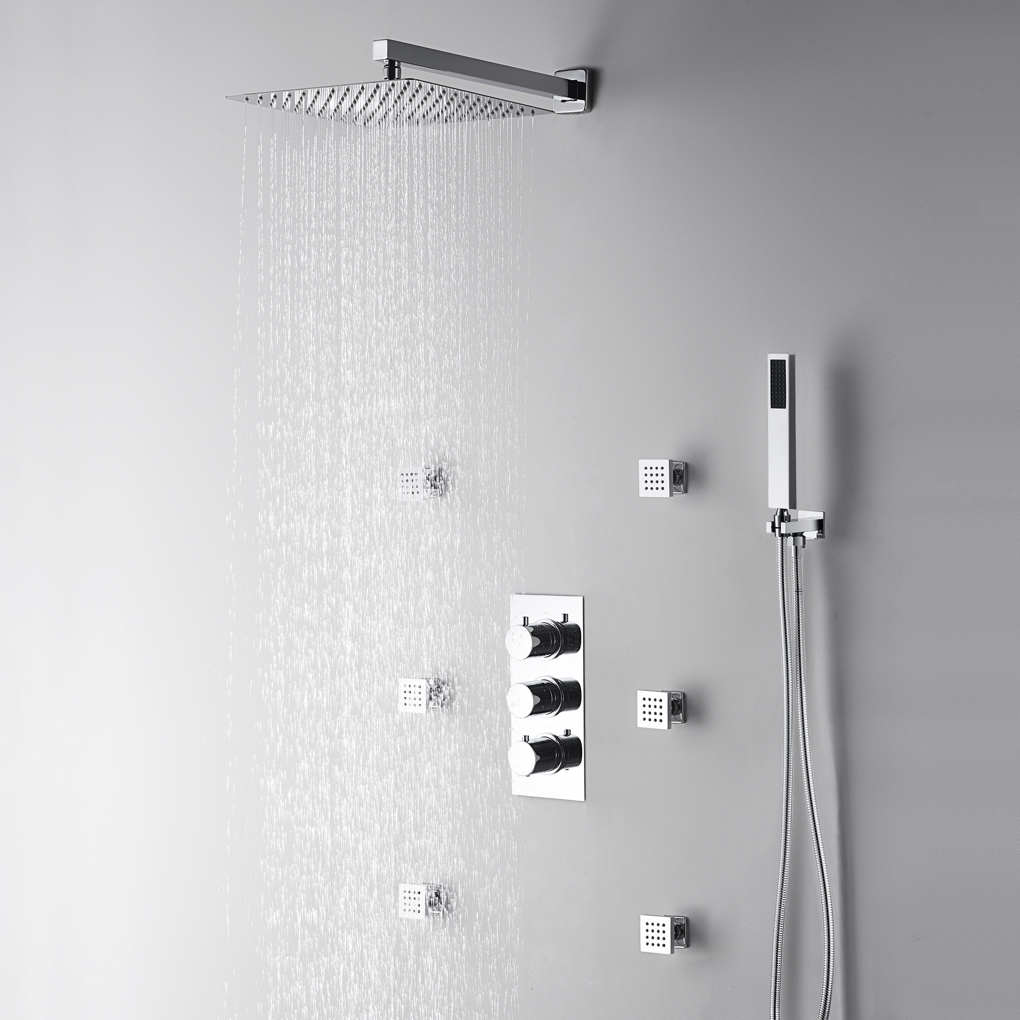 12" Thermostatic Complete Shower System with Rough-in Valve & 6 Body Jets Brushed Gold/Chrome/Matte Black