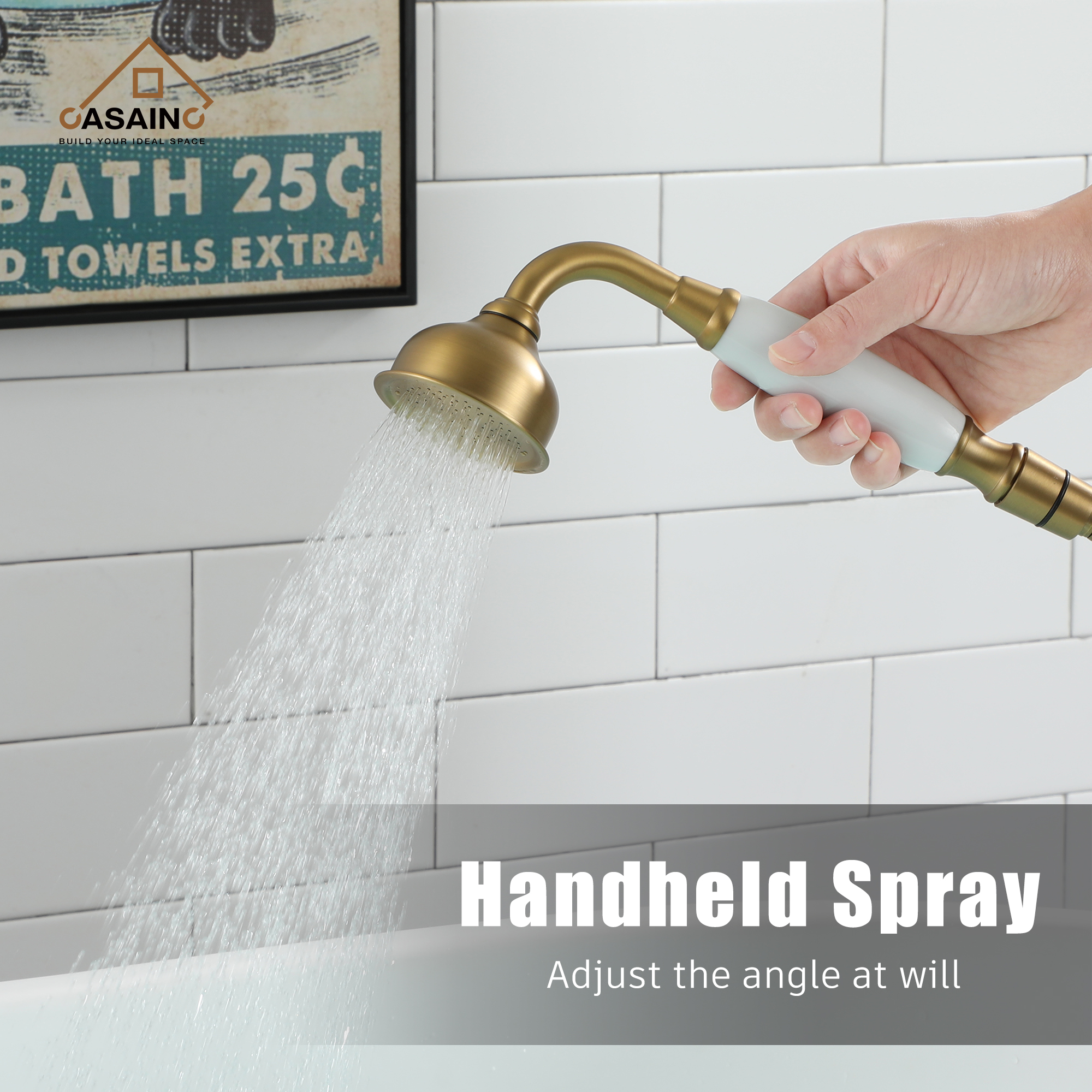 Vintage 2-Handle Floor-Mount Buthtub Freestanding Roman Tub Faucet in Brushed Brass