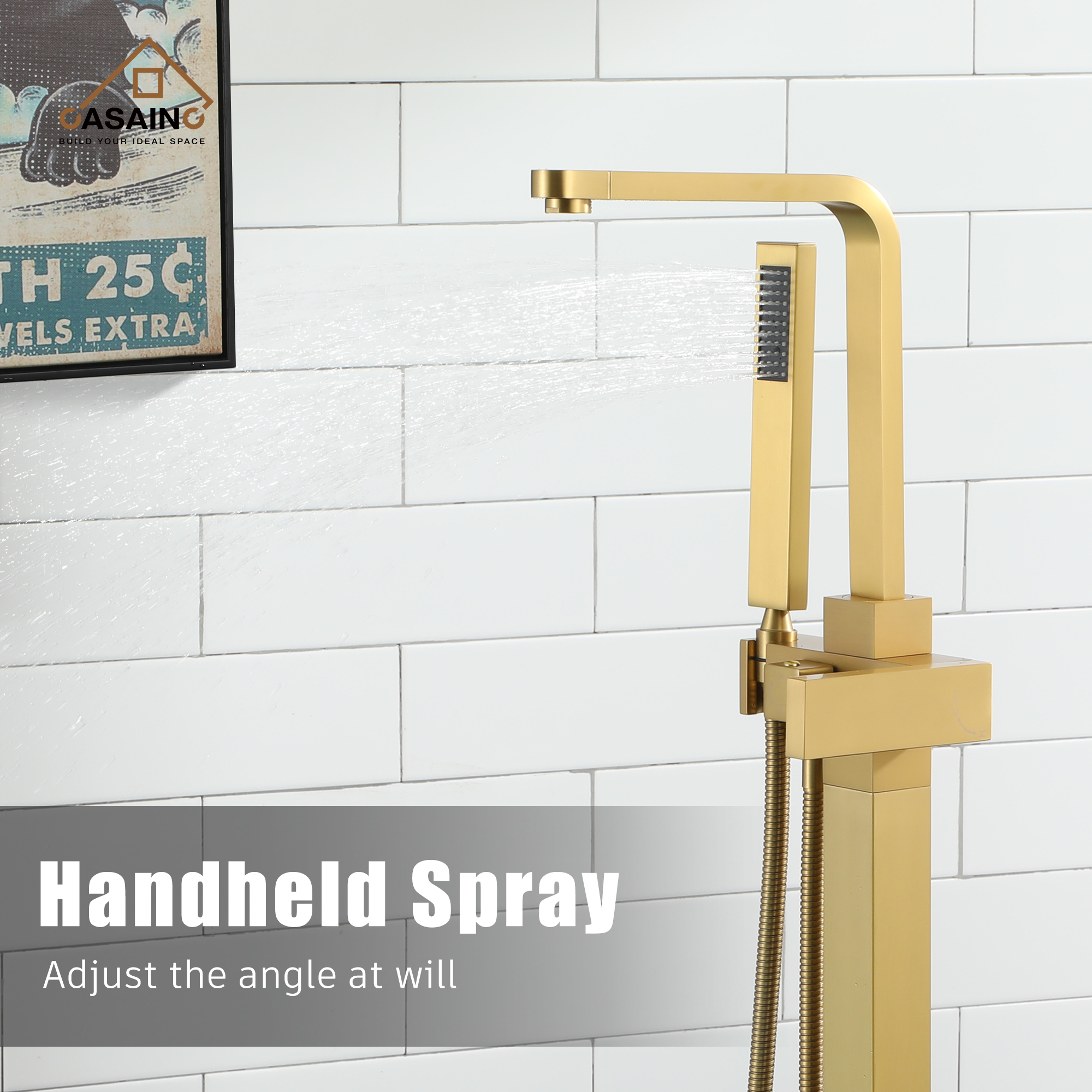 Single-Handle Free-Standing Tub Faucet with Rectangle Hand Shower in Brushed Brass/Brushed Nickel/Oil Rubbed Bronze/Matte Black