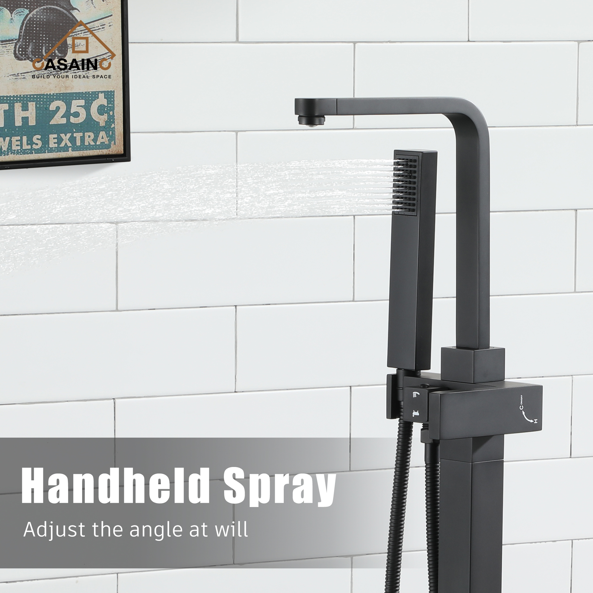 Single-Handle Free-Standing Tub Faucet with Rectangle Hand Shower in Brushed Brass/Brushed Nickel/Oil Rubbed Bronze/Matte Black