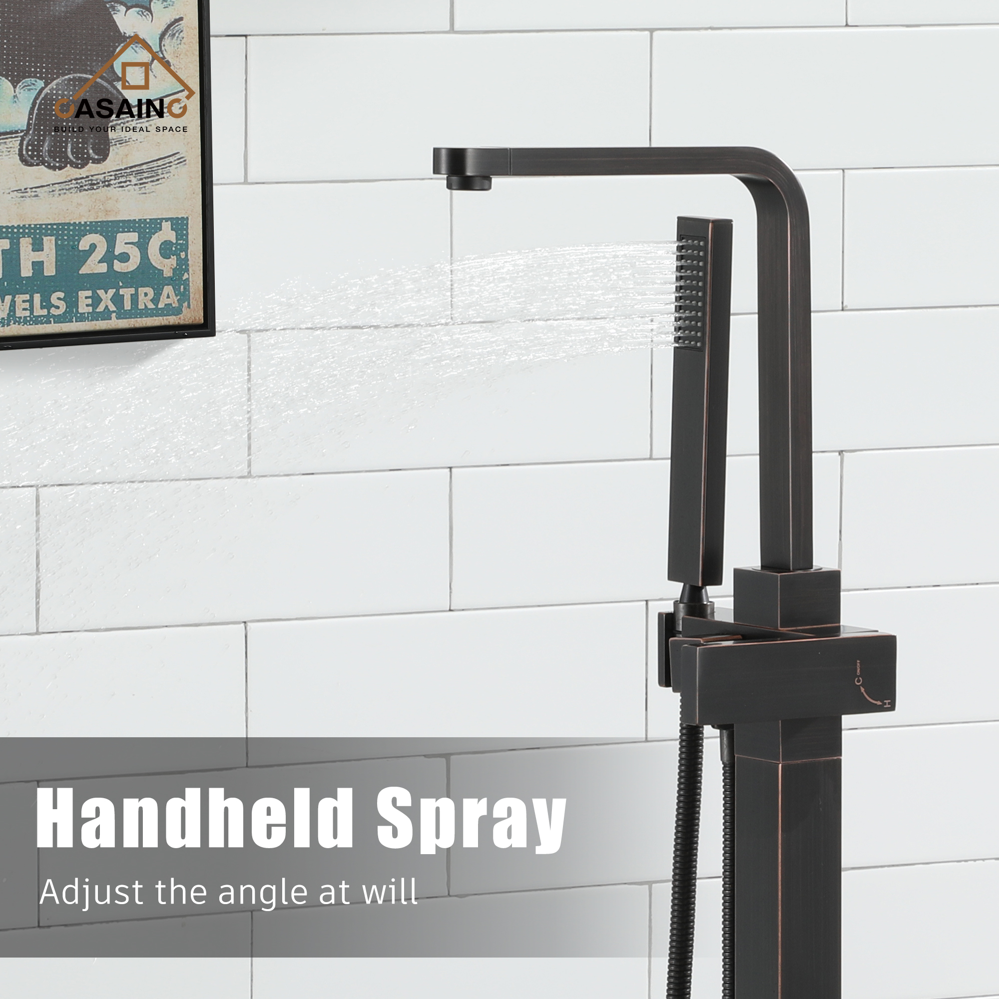 Single-Handle Free-Standing Tub Faucet with Rectangle Hand Shower in Brushed Brass/Brushed Nickel/Oil Rubbed Bronze/Matte Black