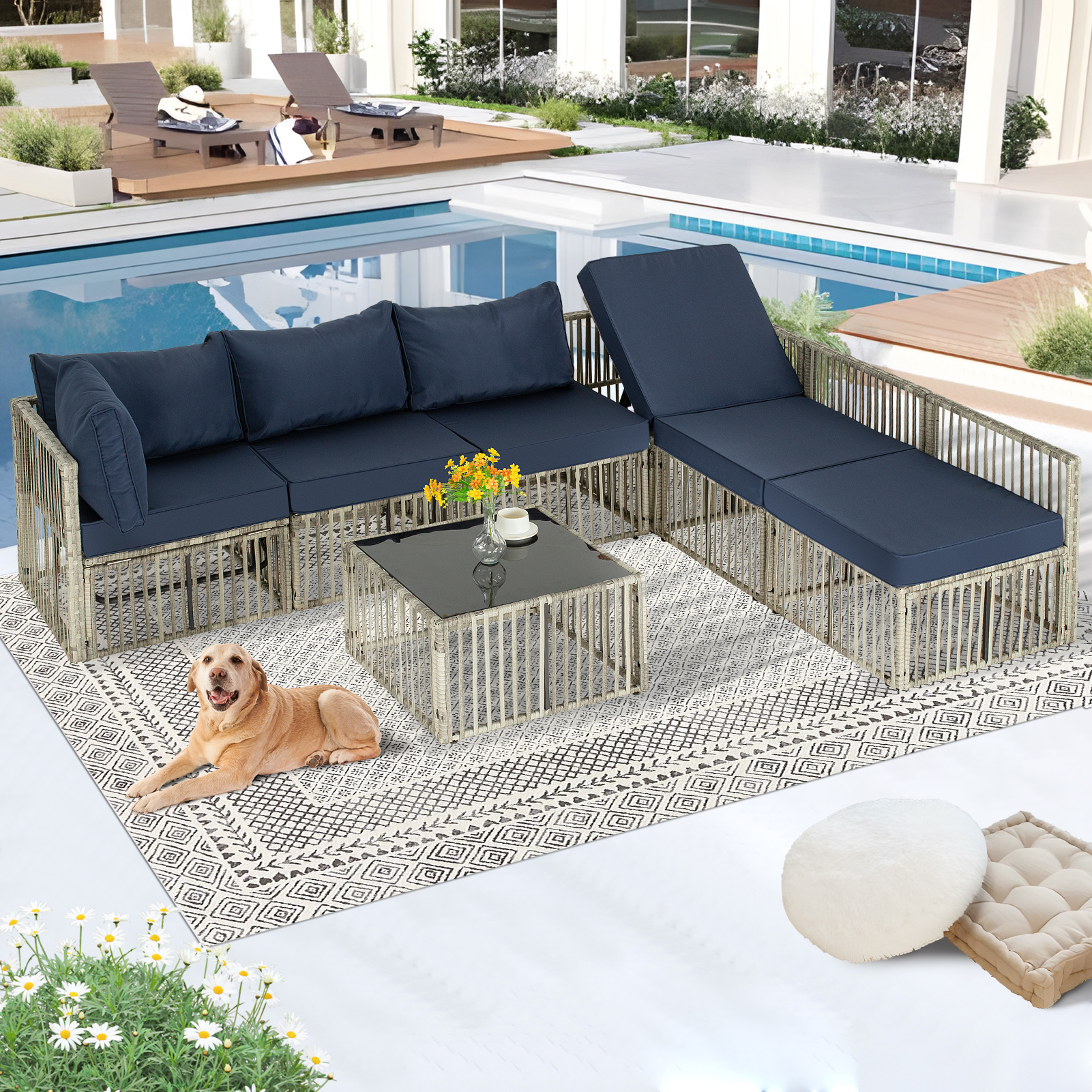 7-Piece Outdoor Patio Furniture Set – PE Rattan Sectional Sofa with Cushions & Coffee Table, All-Weather Wicker, Removable Covers，Gray/Blue/Brown