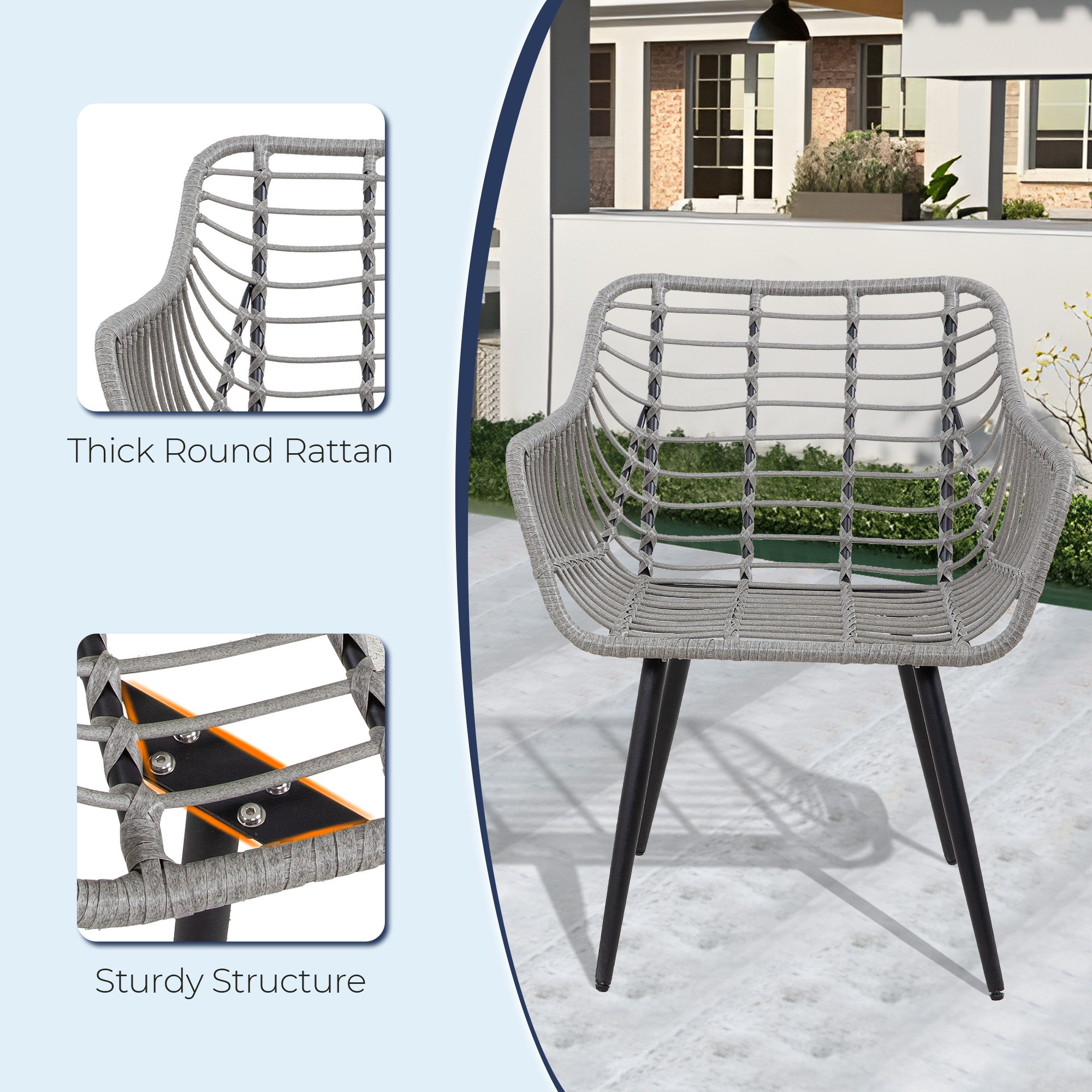 7-Piece Patio Bistro Set – PE Rattan Chairs with Cushions, Ottomans, and Tempered Glass Coffee Table, Compact Outdoor Furniture for Balcony or Small Spaces (Blue/Beige)