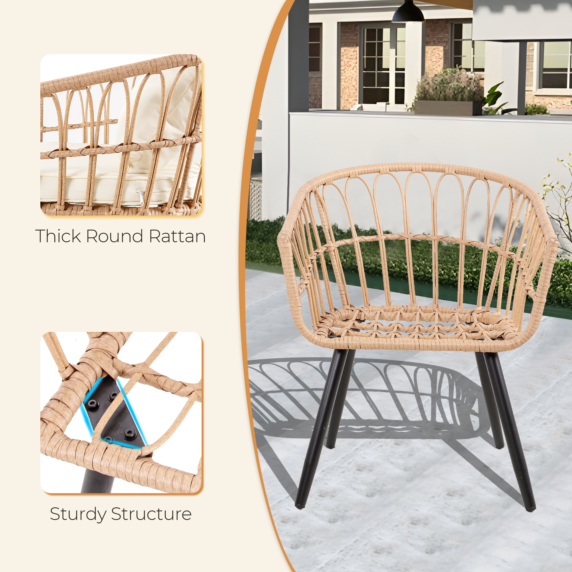 7-Piece PE Rattan Patio Furniture Set – 2 Chairs, 2 Ottomans & Round Coffee Table, Outdoor Bistro Conversation Set with Cushions, Blue/Beige