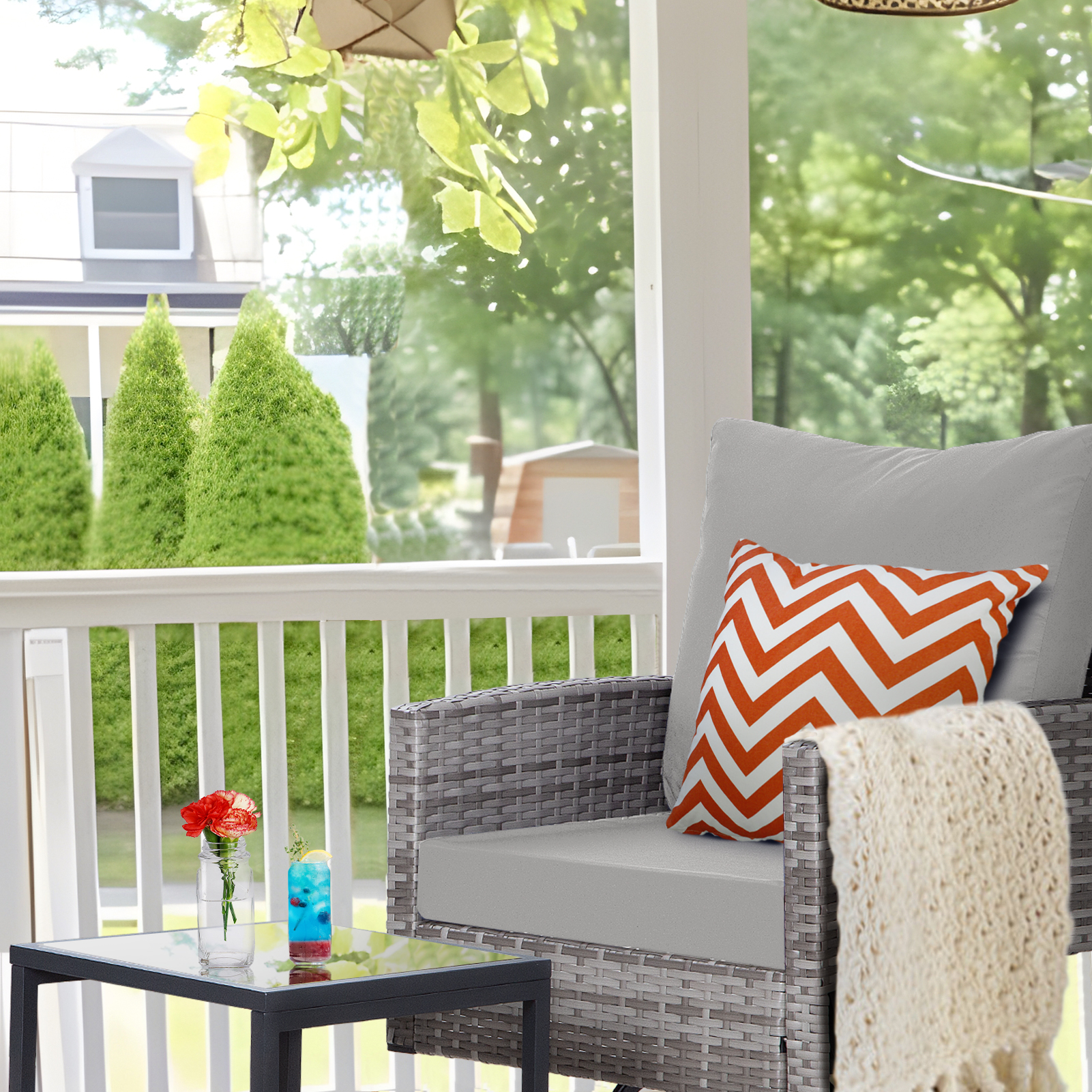 3-Piece Outdoor Swivel Chair Patio Set – 360° PE Rattan Chairs with Cushions & Glass Coffee Table, Gray/Beige/Blue/Dark Gray/Brown