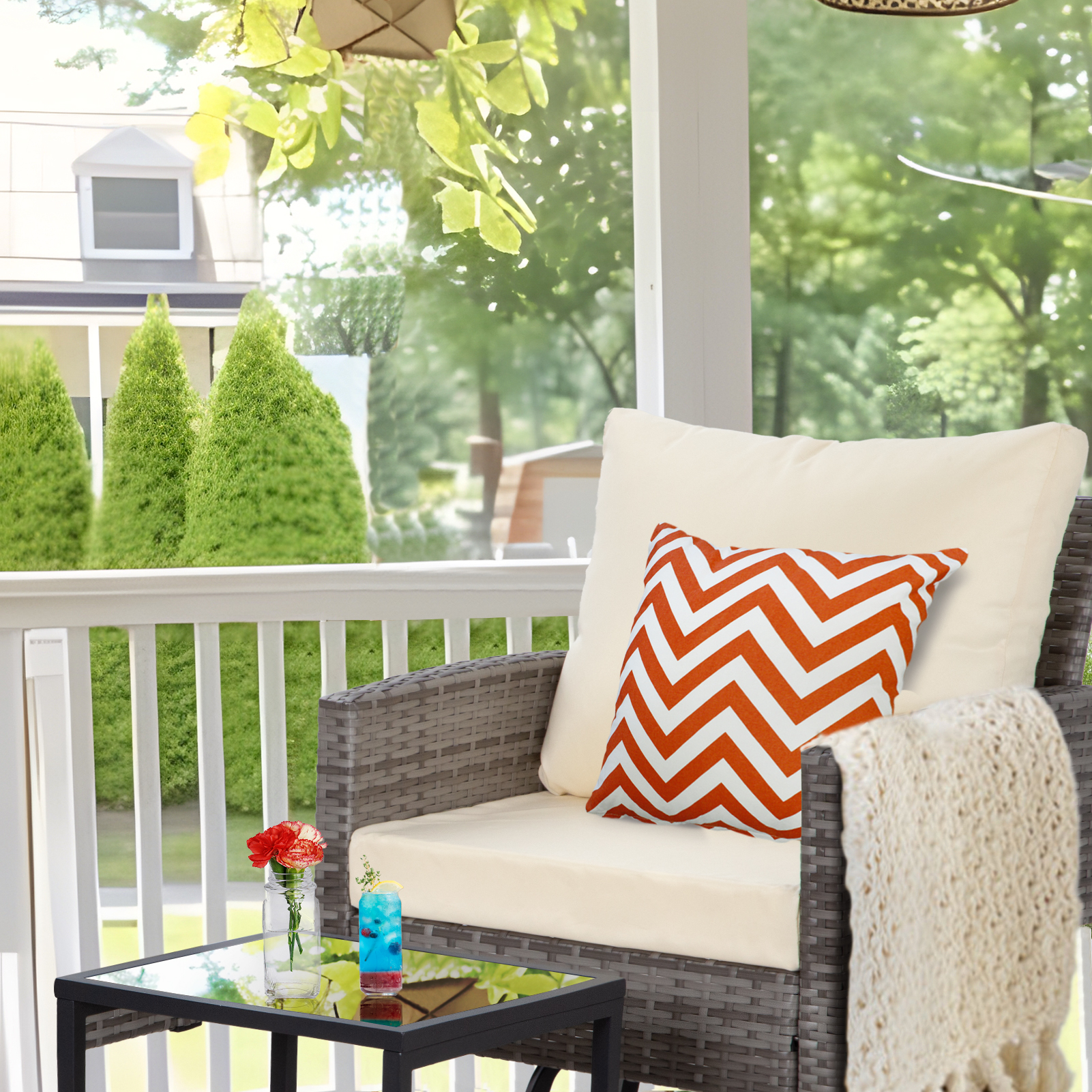 3-Piece Outdoor Swivel Chair Patio Set – 360° PE Rattan Chairs with Cushions & Glass Coffee Table, Gray/Beige/Blue/Dark Gray/Brown