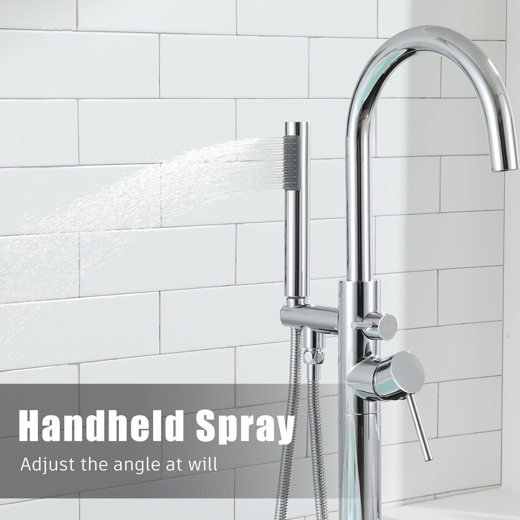 Modern Sleek Floor Mount 2-Handle Freestanding Tub Faucet with Hand Shower and Water Supply Hoses in. Chrome