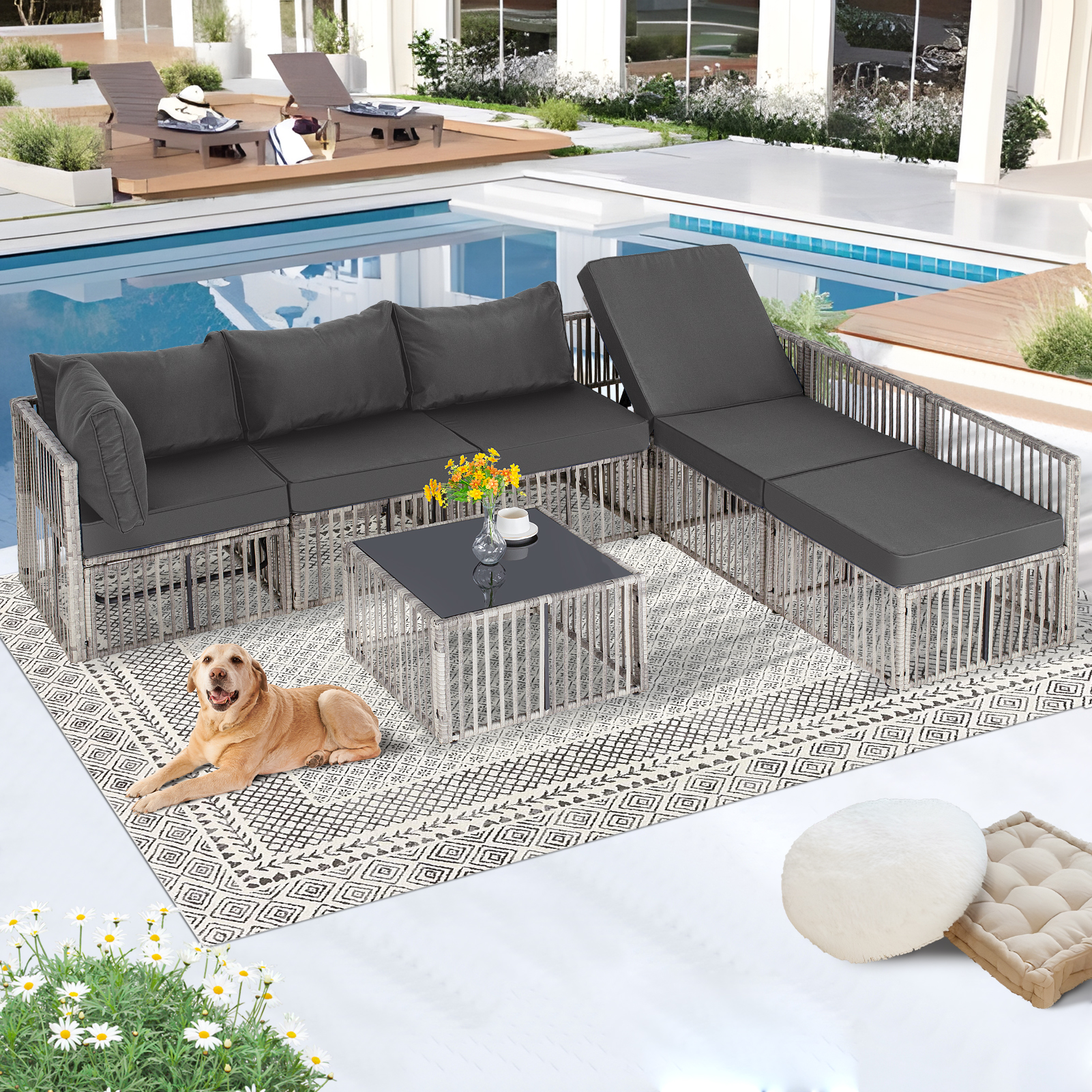 7-Piece Outdoor Patio Furniture Set – PE Rattan Sectional Sofa with Cushions & Coffee Table, All-Weather Wicker, Removable Covers，Gray/Blue/Brown