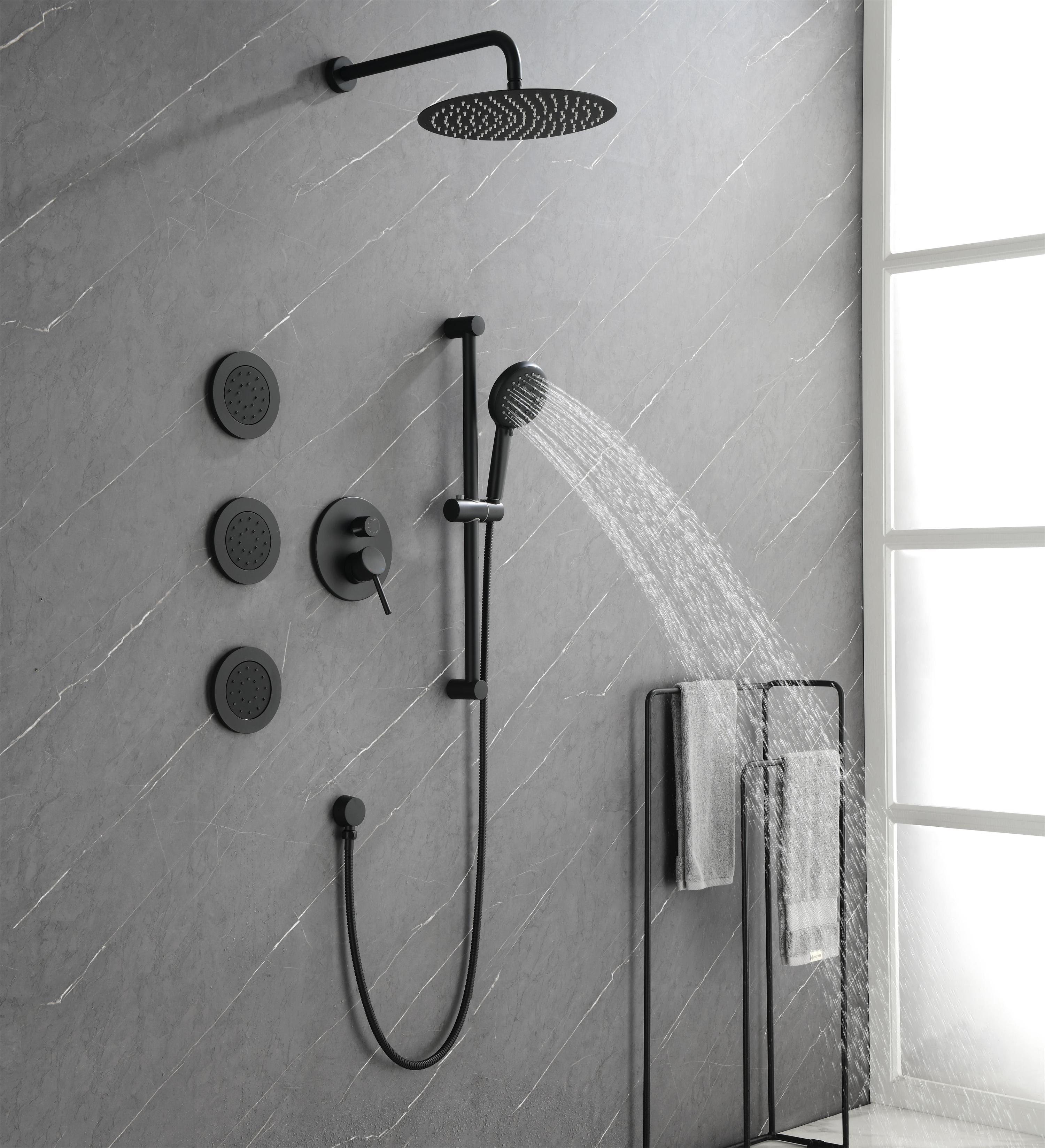 3-Spray Square High Pressure Deluxe Wall Bar Shower Kit with Slide Bar and 3-Body Spray in Brushed Nickel/Matte Black-Mondawe