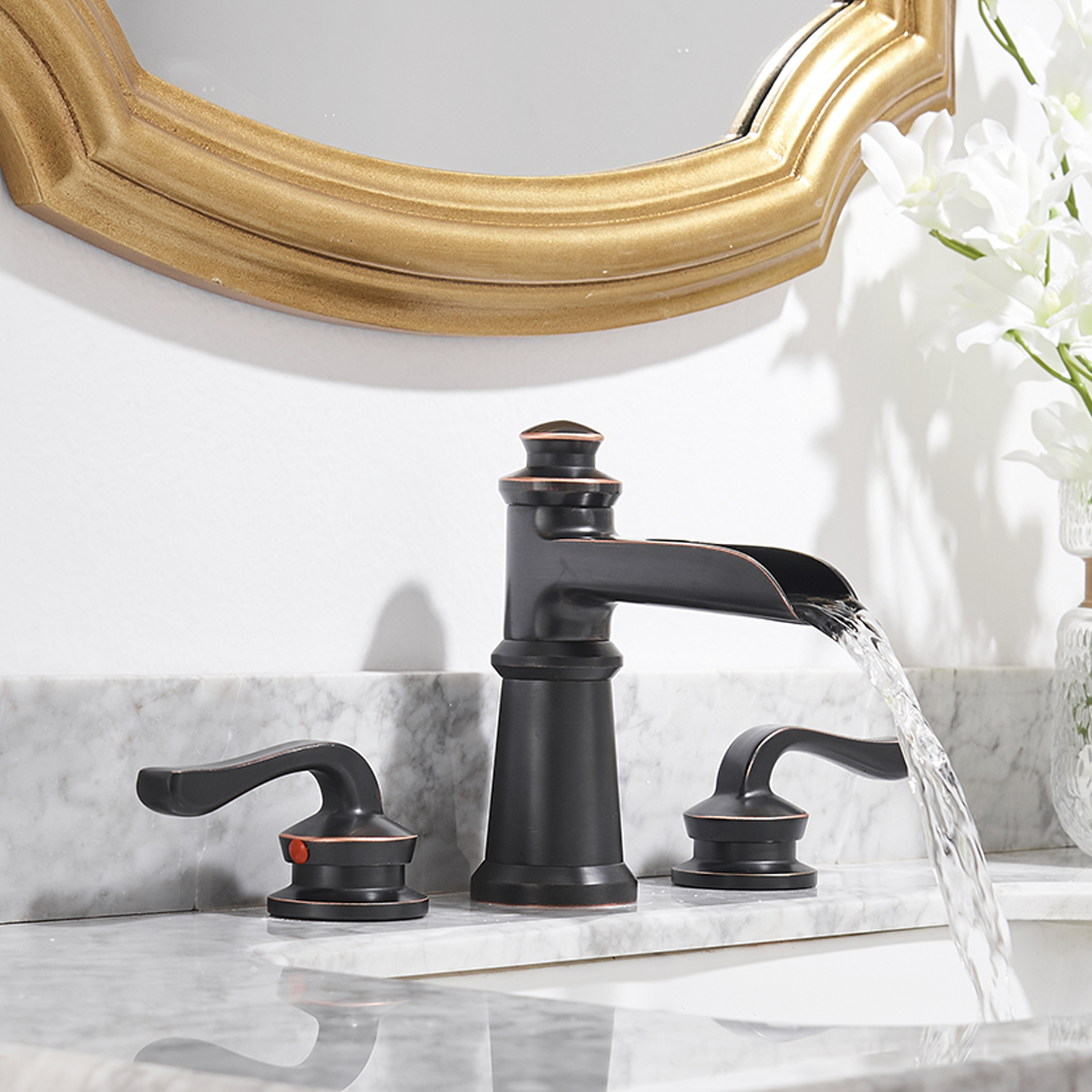 Oil Rubbed Bronze Widespread 2-Handle WaterSense Waterfall Bathroom Sink Faucet with Drain