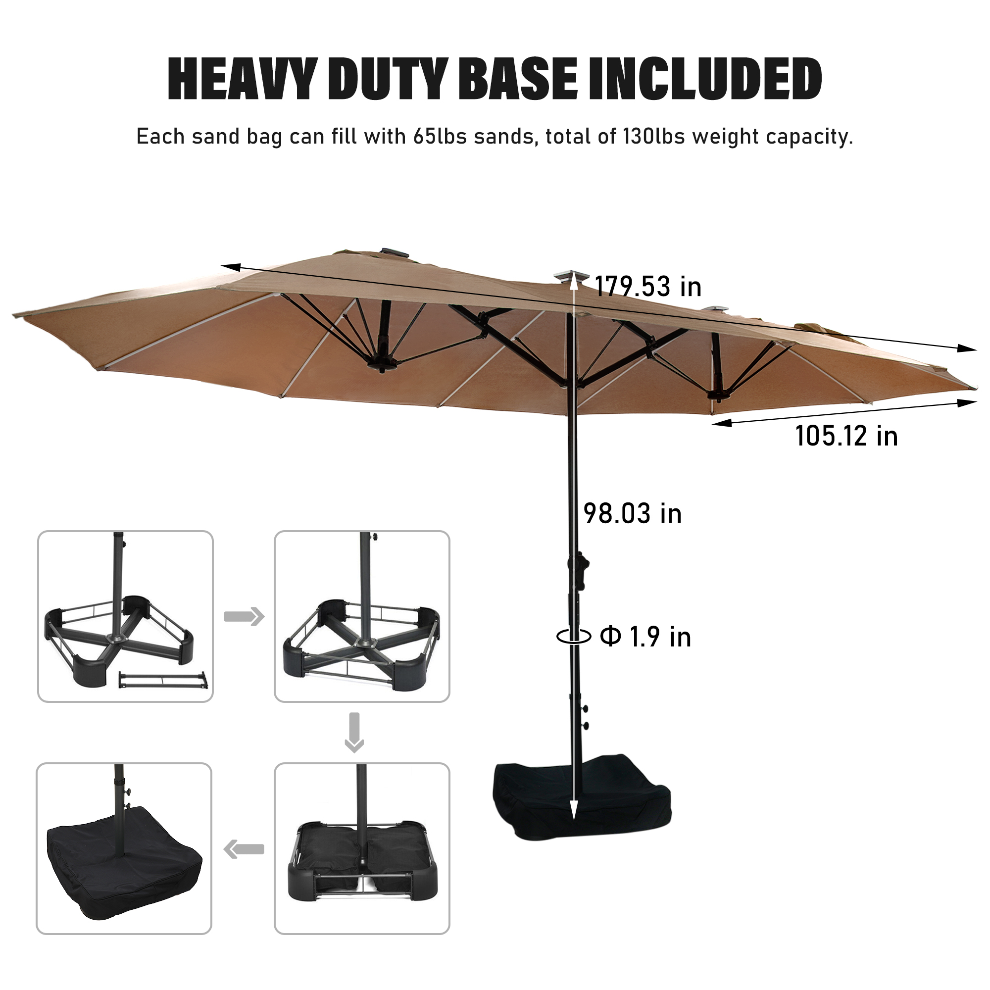 15ft Rectangular Dual-Sided Patio Fiberglass Ribs Umbrella with LED Lights