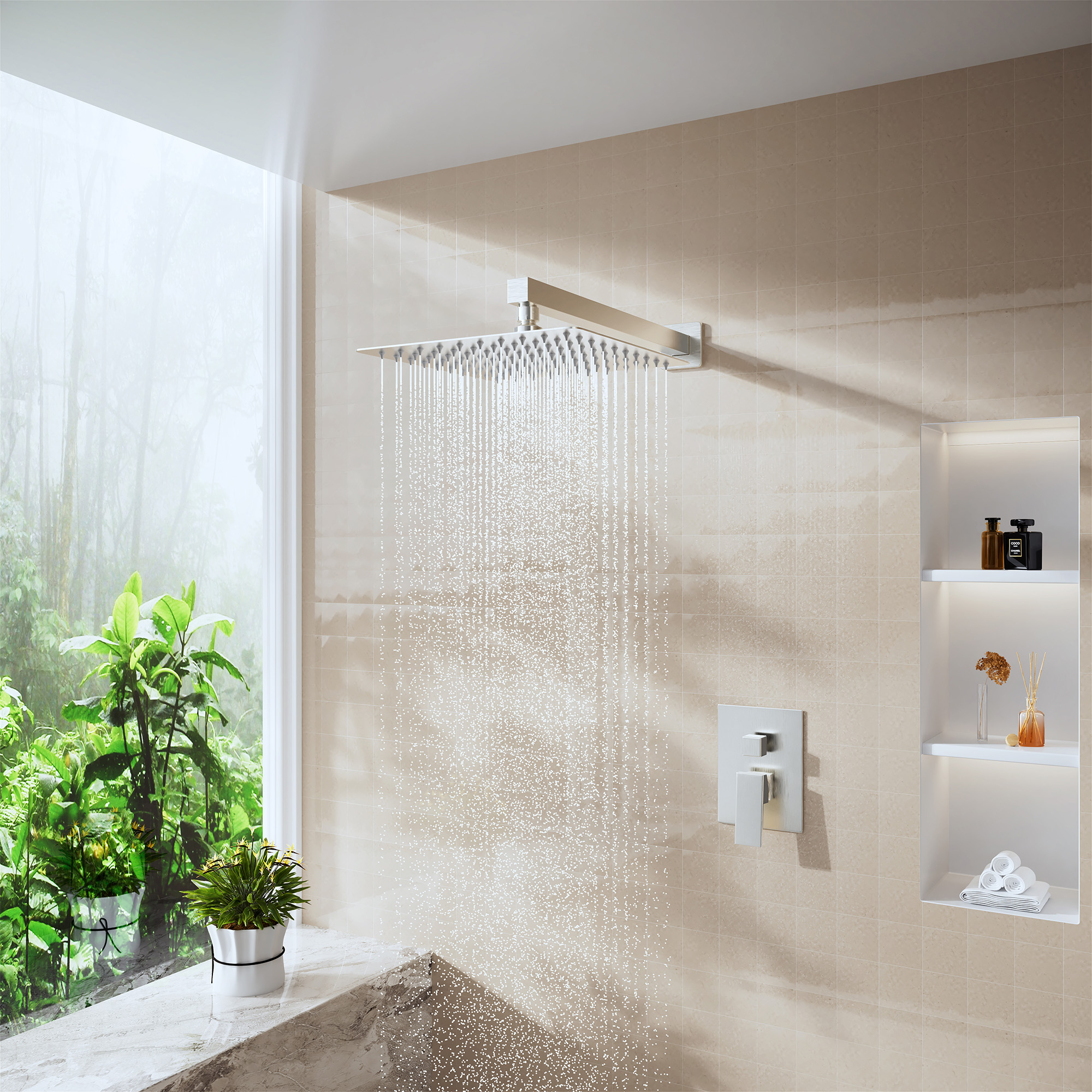 15.75" Stainless Steel Wall Mounted Square Shower Arm with Flange for Rain Shower Head in Brushed Nickel/Matte Black