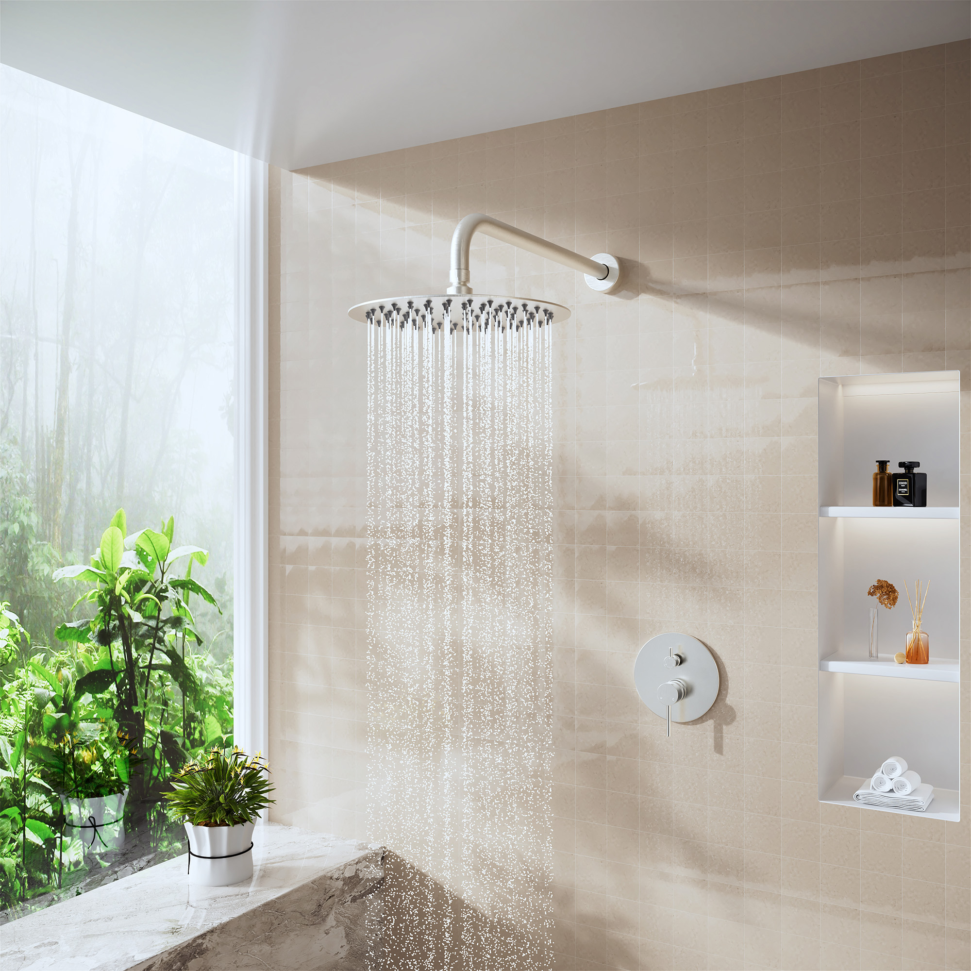 15.75" Stainless Steel Wall Mounted Round Shower Arm with Flange for Rain Shower Head in Matte Black/Brushed Nickel