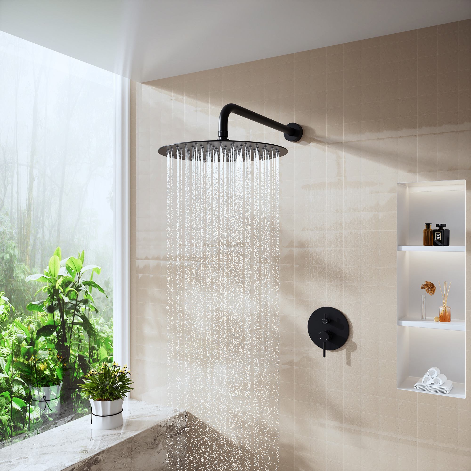 15.75" Stainless Steel Wall Mounted Round Shower Arm with Flange for Rain Shower Head in Matte Black/Brushed Nickel