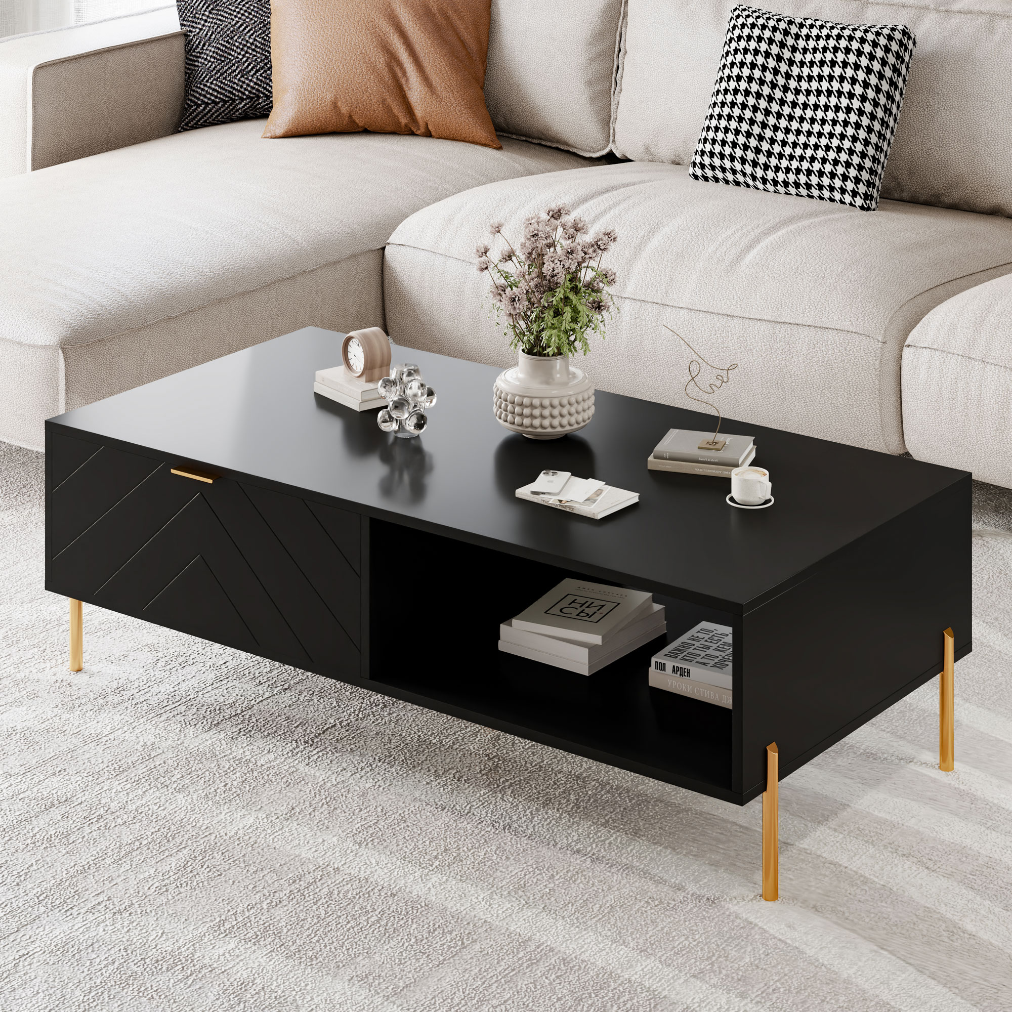 Mid-Century Modern Coffee Table, 48" Rectangle Coffee Table with Double Drawers, Gold Metal Decor, Center Table for Living Room,White