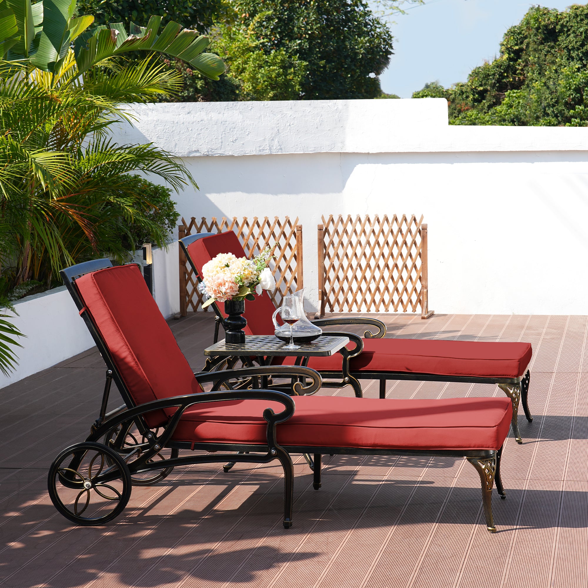3-Piece Cast Aluminum Outdoor Chaise Lounge with Side Table and Beige/Red Cushion