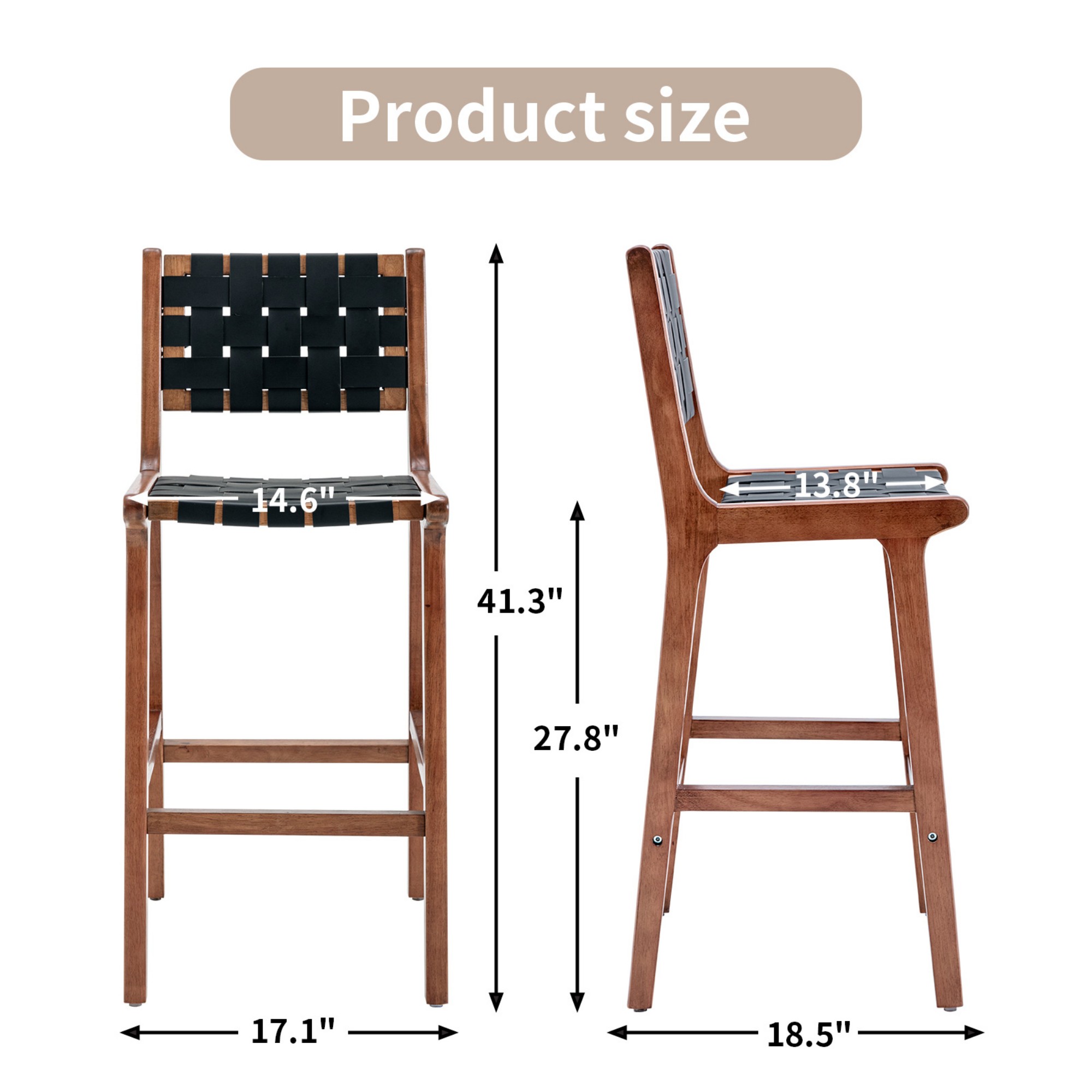 Woven Leather Bar Stool, Counter Height Bar Stools - Black