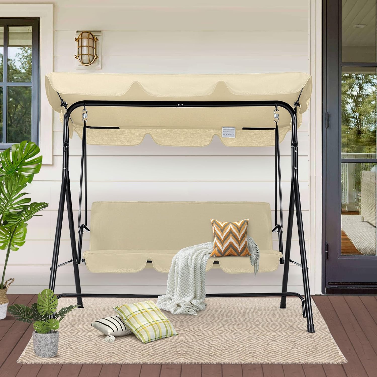 3-Person Steel Frame Outdoor Patio Porch Swing Chair in Beige/Navy Blue/Red/Brown/Dark Gray With Adjustable Canopy