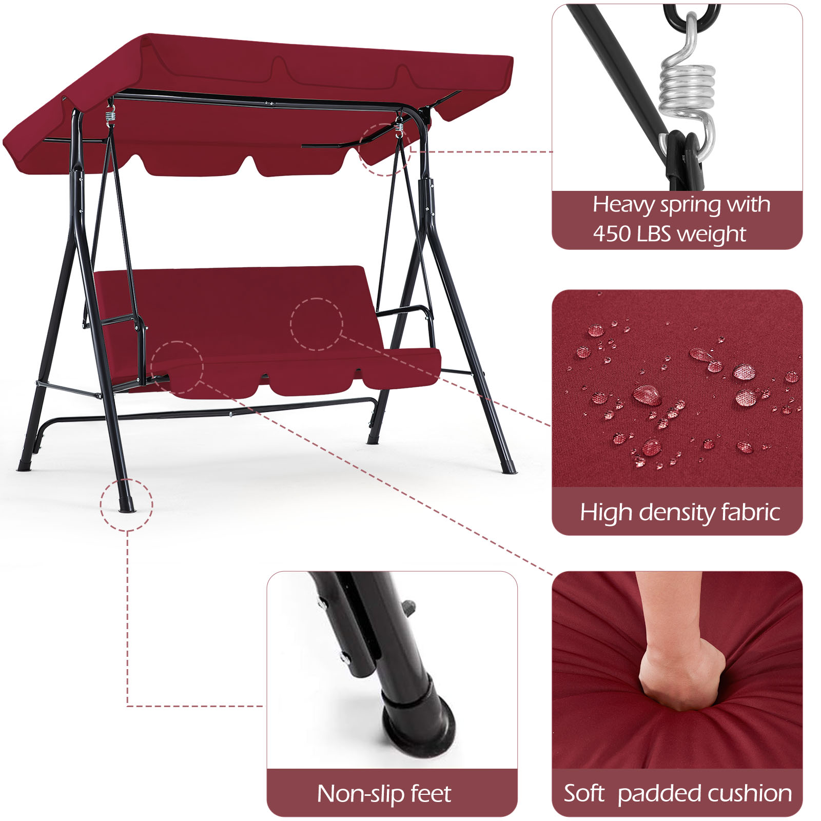 3-Person Steel Frame Outdoor Patio Porch Swing Chair in Beige/Navy Blue/Red/Brown/Dark Gray With Adjustable Canopy