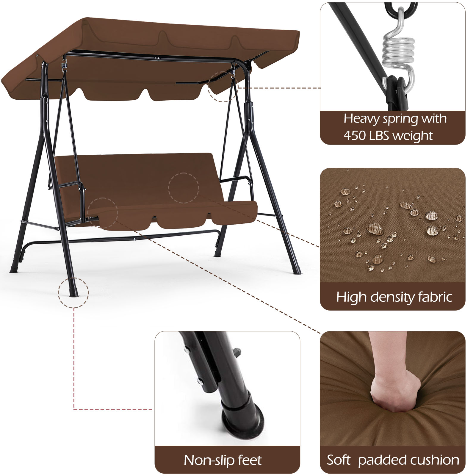 3-Person Steel Frame Outdoor Patio Porch Swing Chair in Beige/Navy Blue/Red/Brown/Dark Gray With Adjustable Canopy