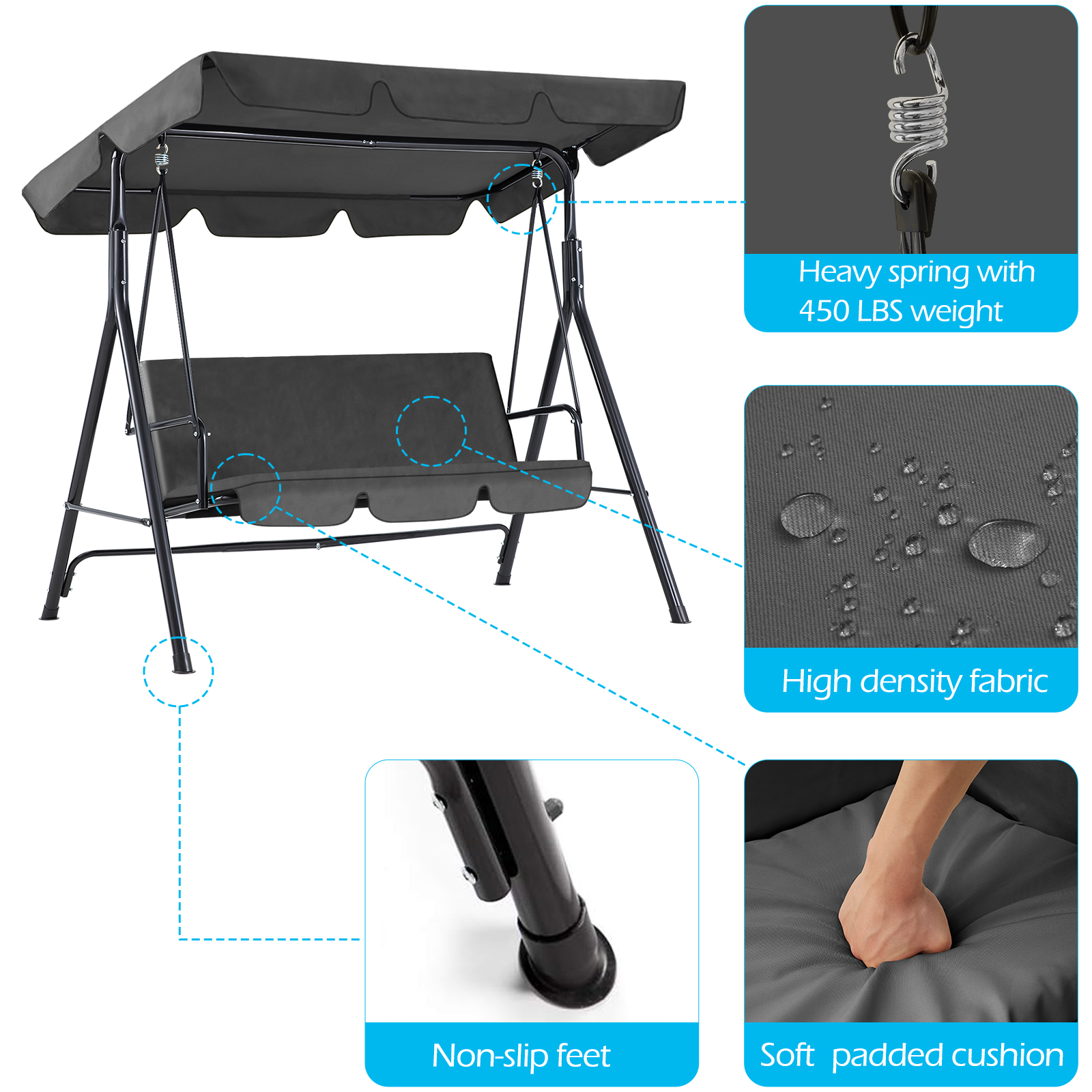 3-Person Steel Frame Outdoor Patio Porch Swing Chair in Beige/Navy Blue/Red/Brown/Dark Gray With Adjustable Canopy