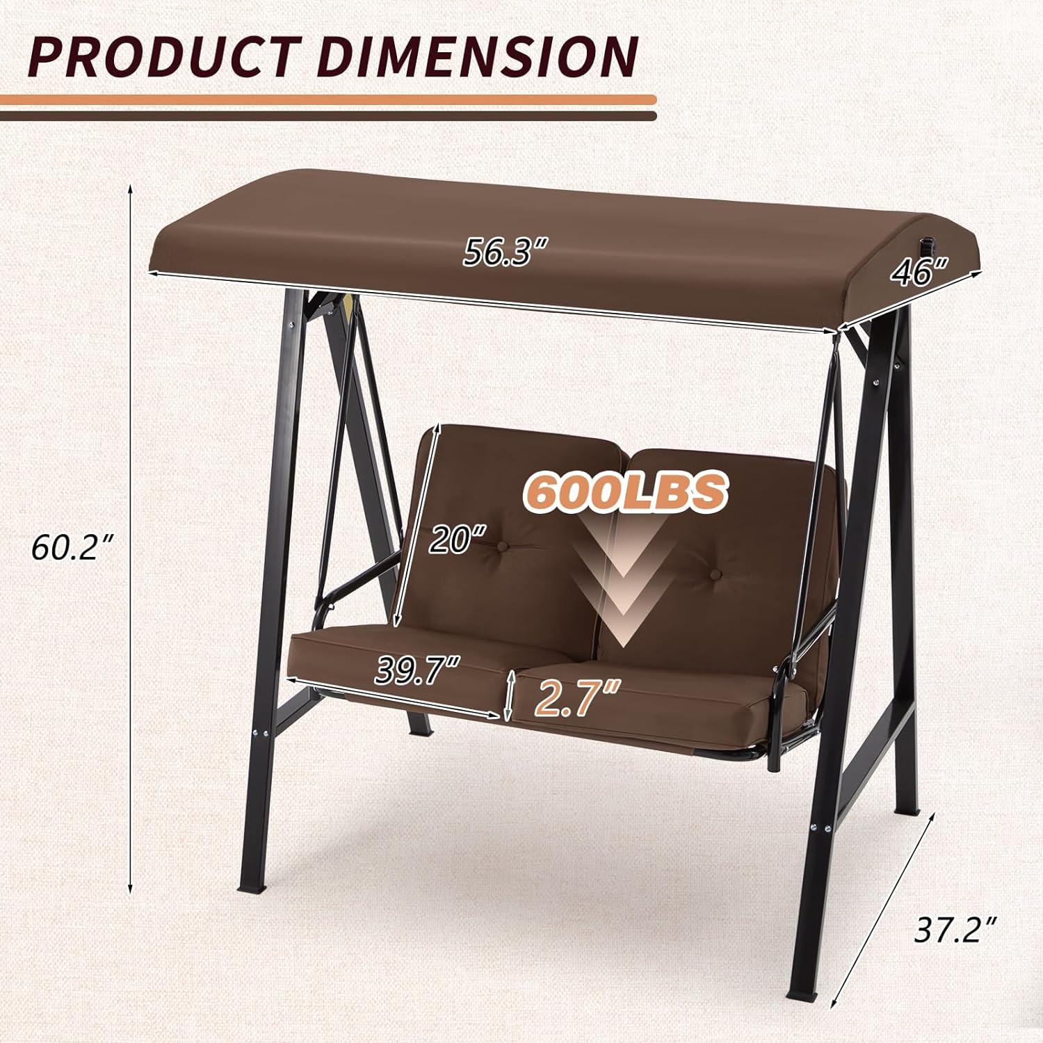 2-Person Metal Patio Swing with Canopy and Cushions in Brown/Black/Red