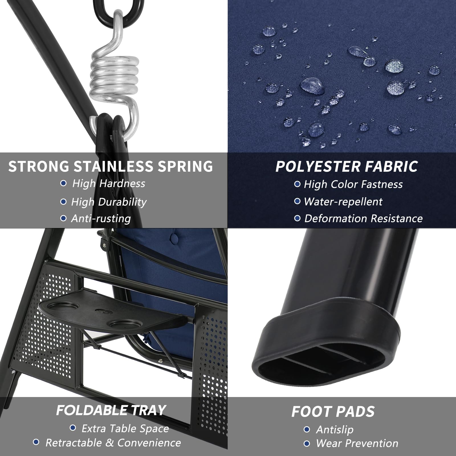 3-Person Metal Outdoor Patio Swing Chair In Navy Blue/Brown/Red/Black With Canopy And Cushions