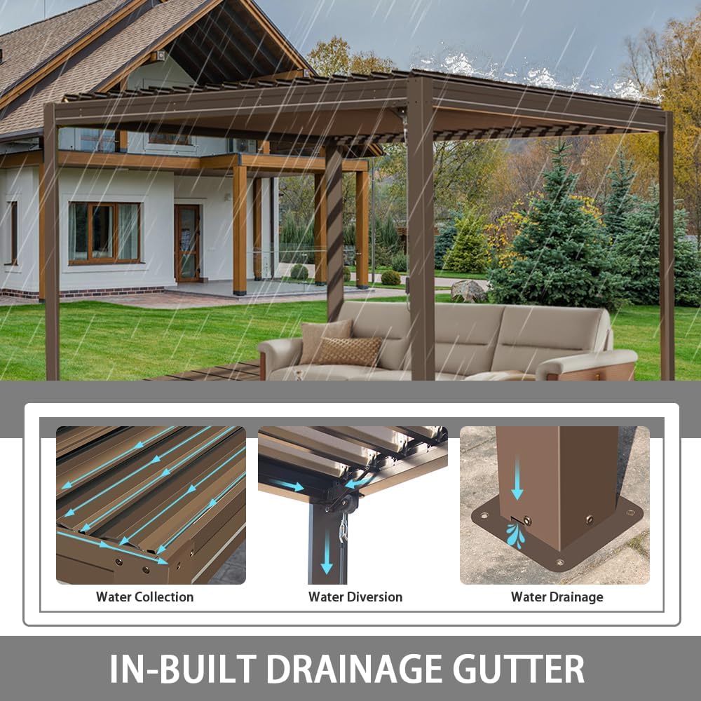 Louvered Pergola 10X10FT, Wood Grain Aluminum Pergola with Adjustable Roof, Wood Looking Aluminum Frame, Efficient Drainage System, Outdoor Pergola for Patio, Deck, Garden
