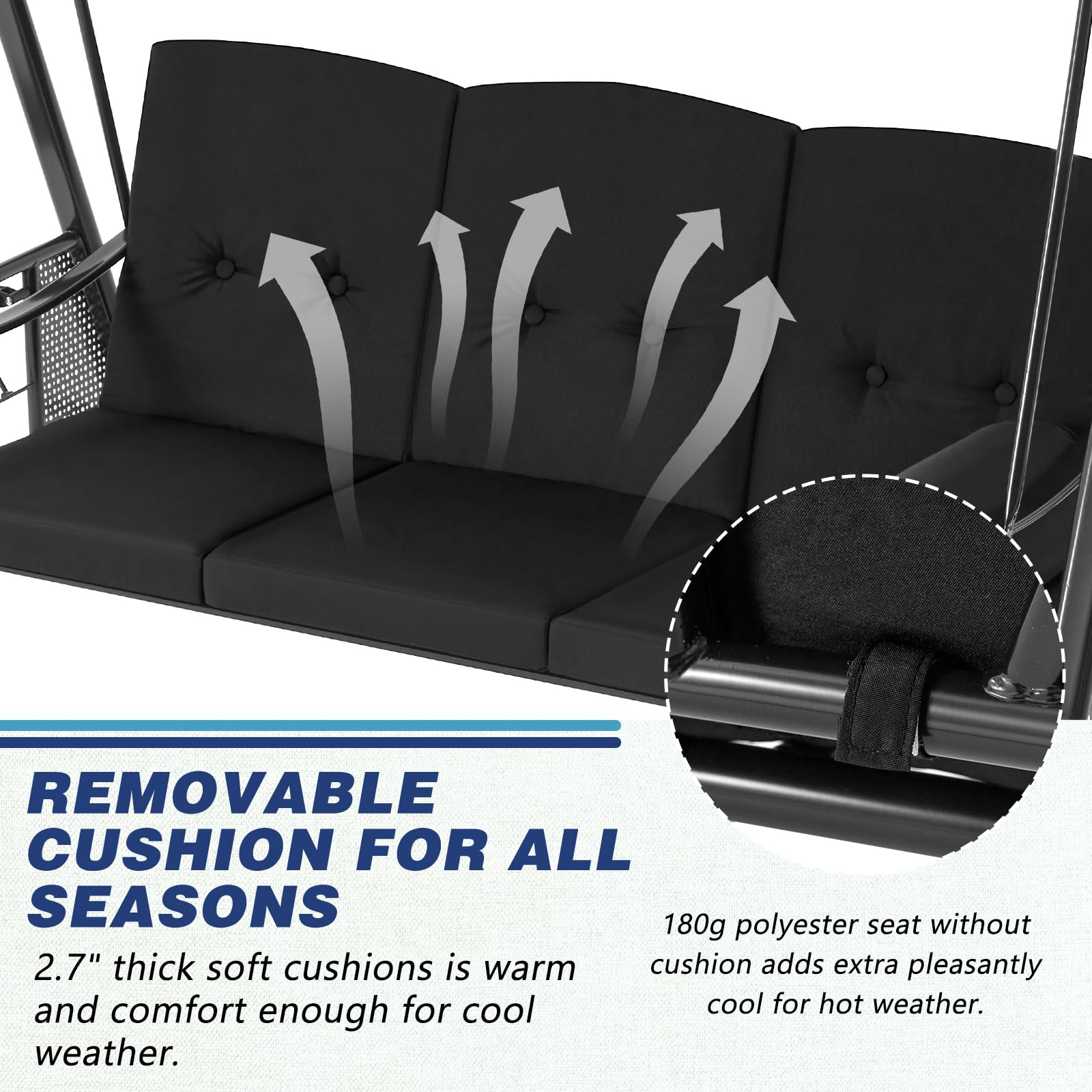 3-Person Metal Outdoor Patio Swing Chair In Navy Blue/Brown/Red/Black With Canopy And Cushions