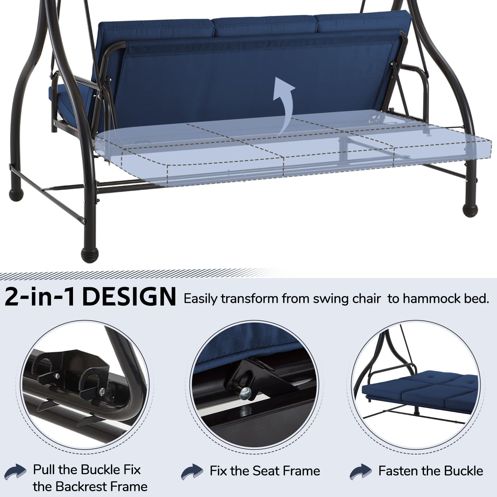 3-Seat Heavy-Duty Metal Patio Swing With Plush Black/Brown/Navy Blue/Red Cushions – Perfect For Relaxing Outdoors