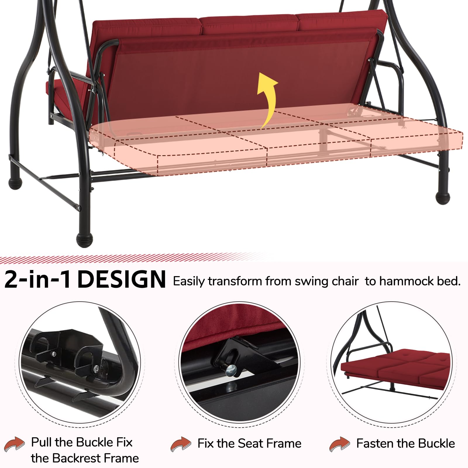 3-Seat Heavy-Duty Metal Patio Swing With Plush Black/Brown/Navy Blue/Red Cushions – Perfect For Relaxing Outdoors