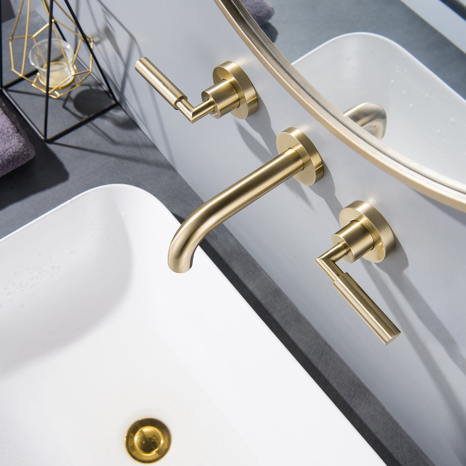 Modern 2-Handle 3-Hole Brass Wall Mounted Bathroom Faucet in Brushed Gold