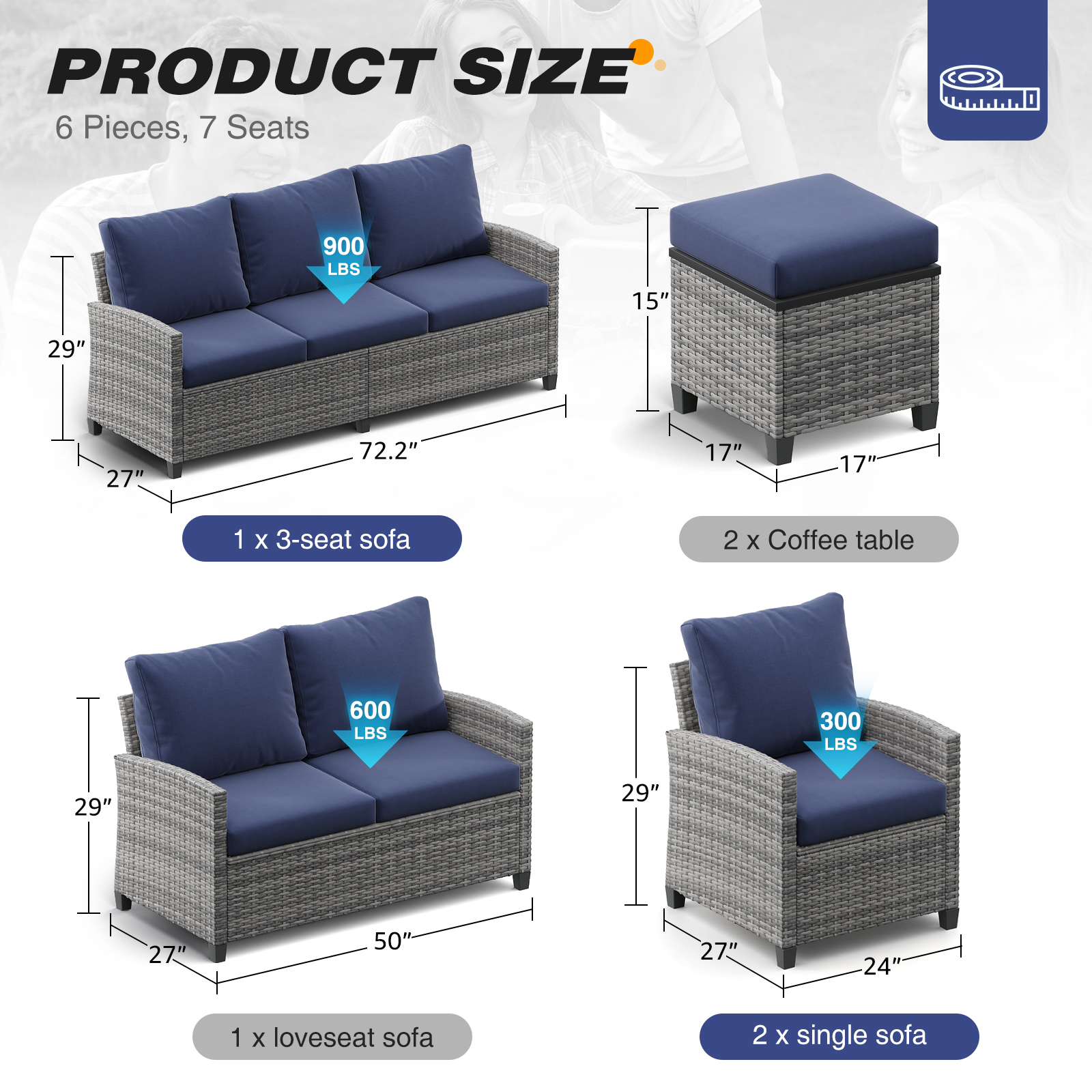 5-Piece PE Rattan Patio Furniture Set – 3-Seater Sofa, 2 Armchairs, 2 Ottomans with Cushions, Outdoor Lounge Seating, Gray/Beige/Blue
