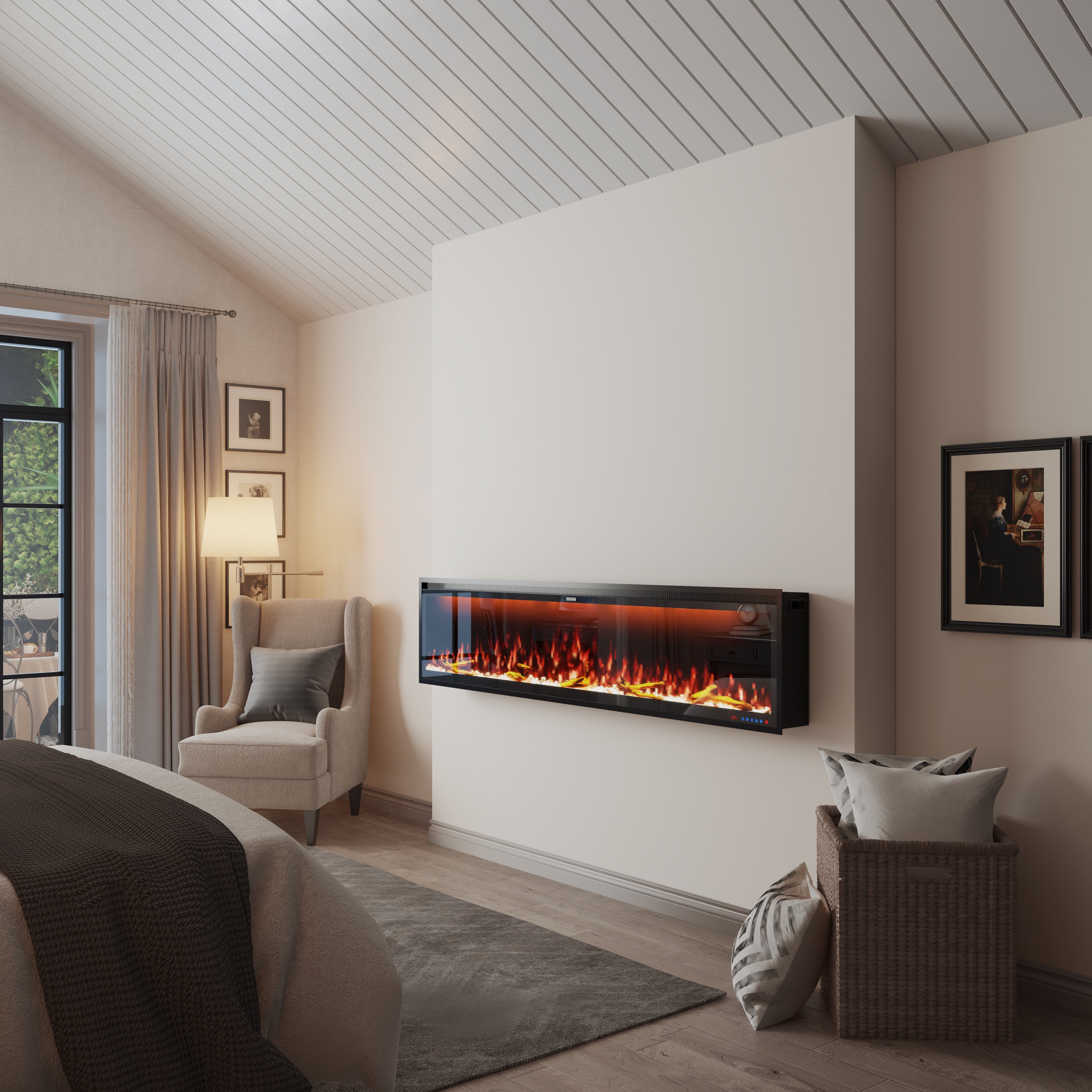 50/60/74/88-in W Black LED Wall-mount Electric Fireplace with Remote Control Included