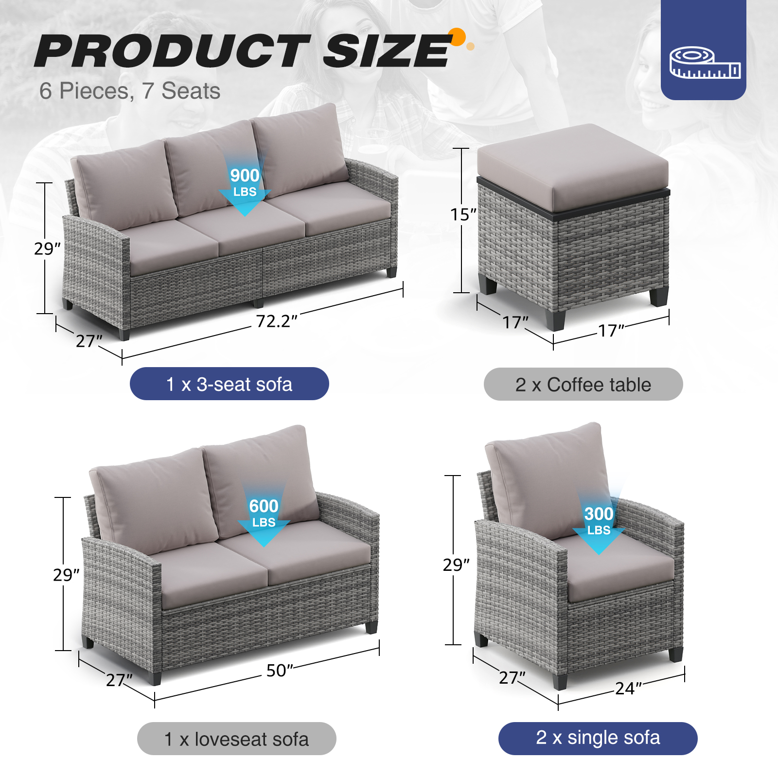 5-Piece PE Rattan Patio Furniture Set – 3-Seater Sofa, 2 Armchairs, 2 Ottomans with Cushions, Outdoor Lounge Seating, Gray/Beige/Blue