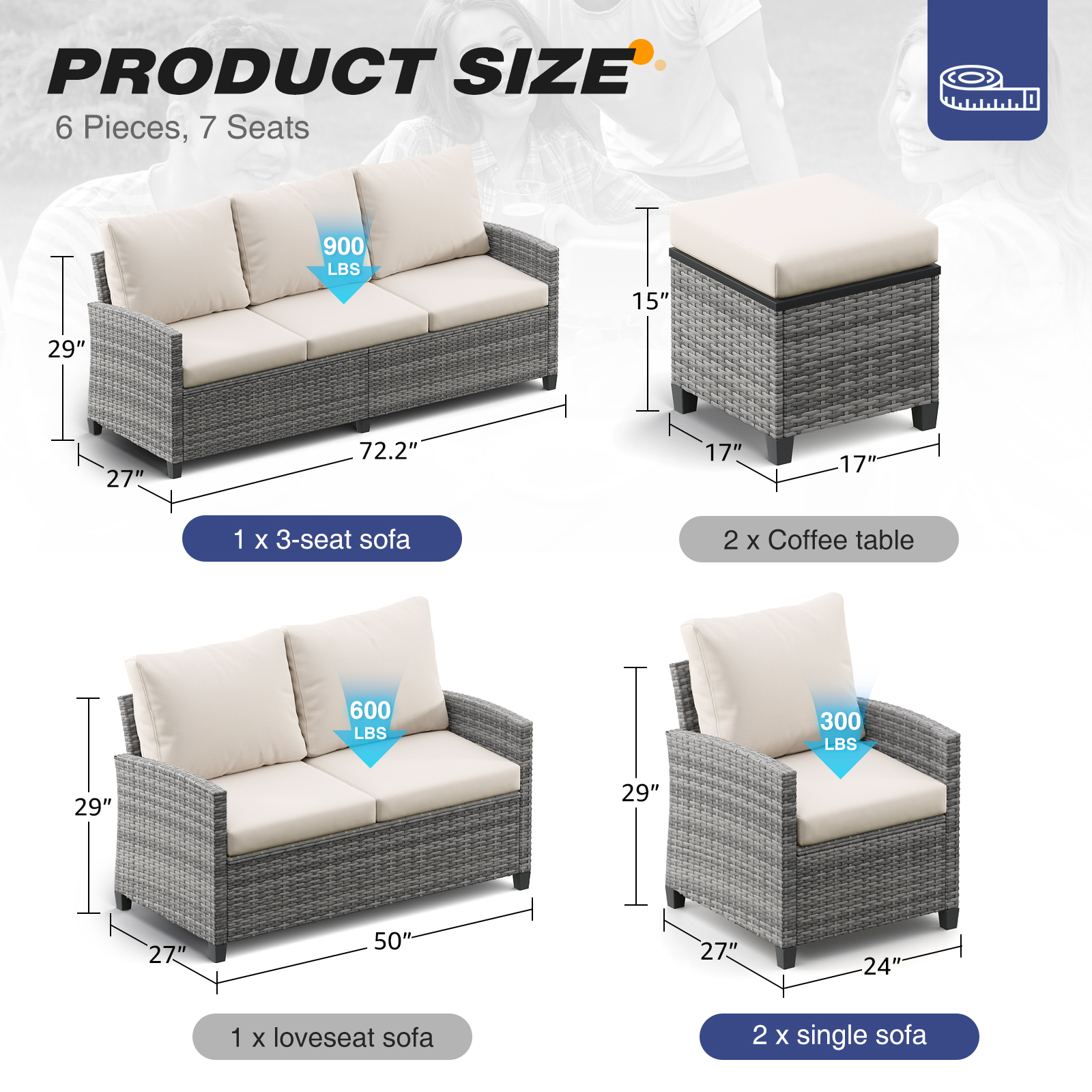 5-Piece PE Rattan Patio Furniture Set – 3-Seater Sofa, 2 Armchairs, 2 Ottomans with Cushions, Outdoor Lounge Seating, Gray/Beige/Blue