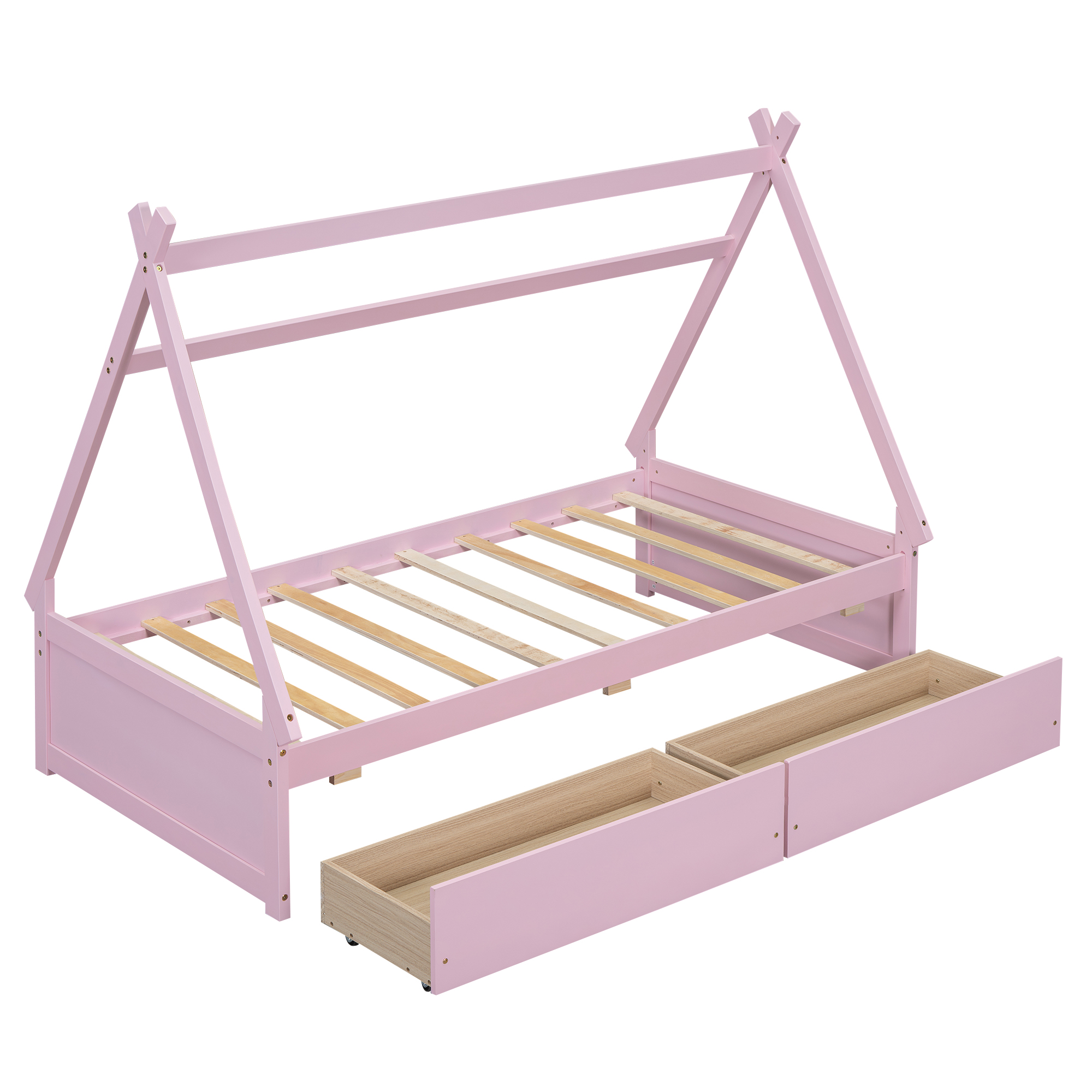 Twin Size House Platform Bed with Two Drawers,Headboard and Footboard, White/Pink 