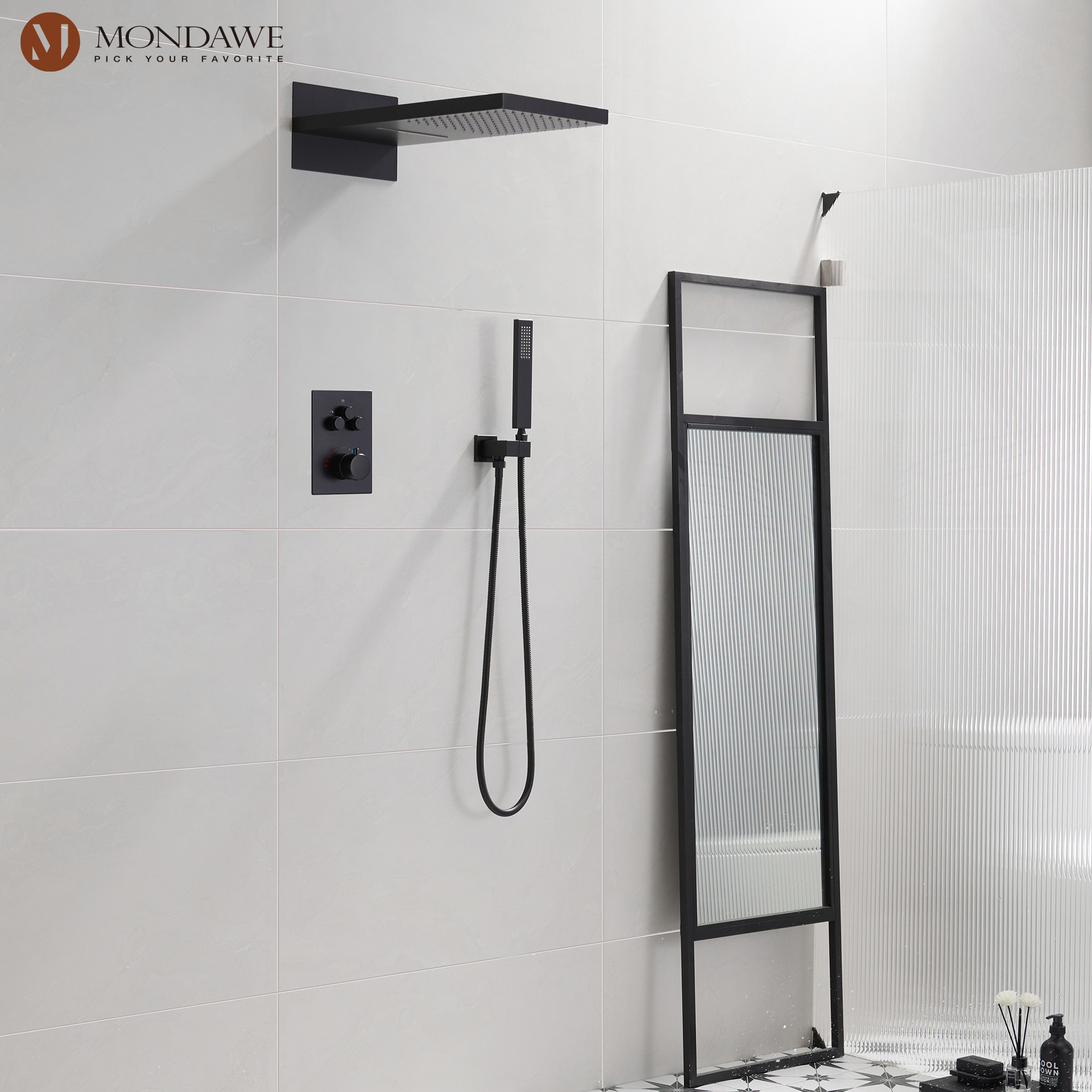 Mondawe 2 Functions Wall Mount Luxury Thermostatic Complete Shower System (Rough-In Valve Included) in Nickel/Black-Mondawe