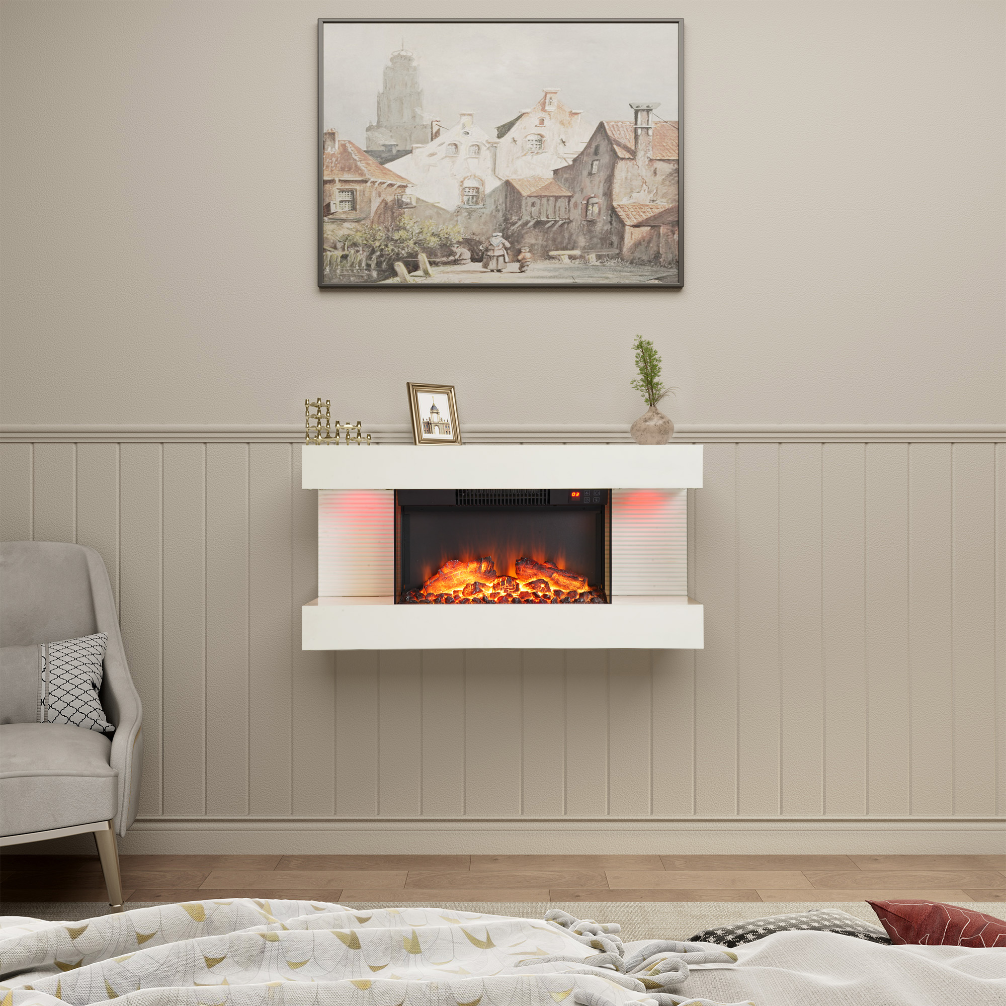 32-inch Wall Mounted Hanging Electric Fireplace with Remote Control in Black